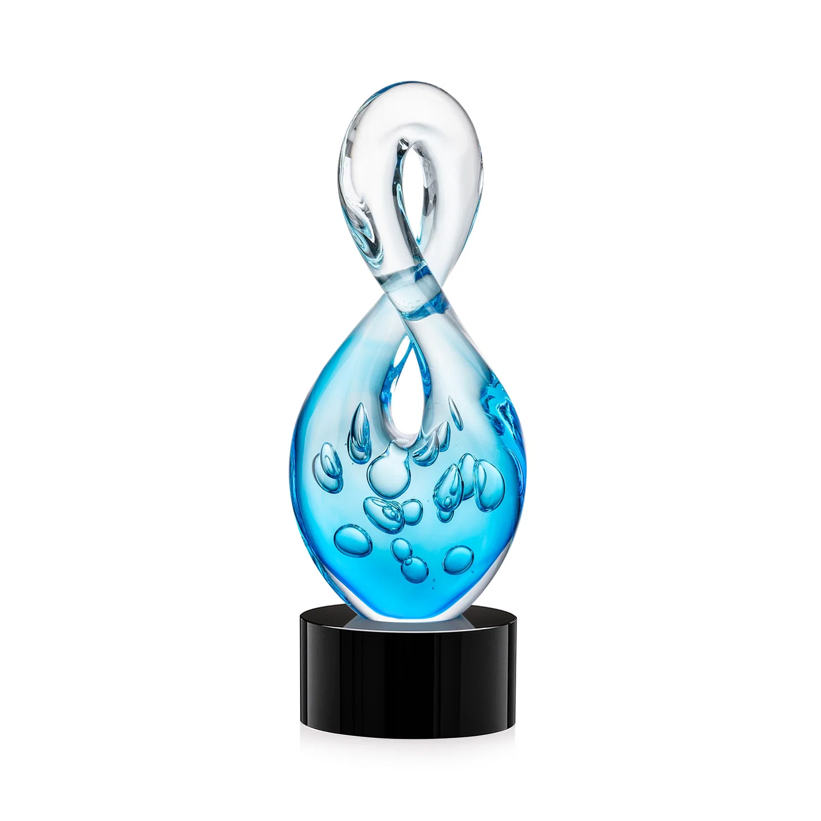 Personalized Blue Glass Award With a Twisting Infinity-Loop Silhouette for graduation ceremonies