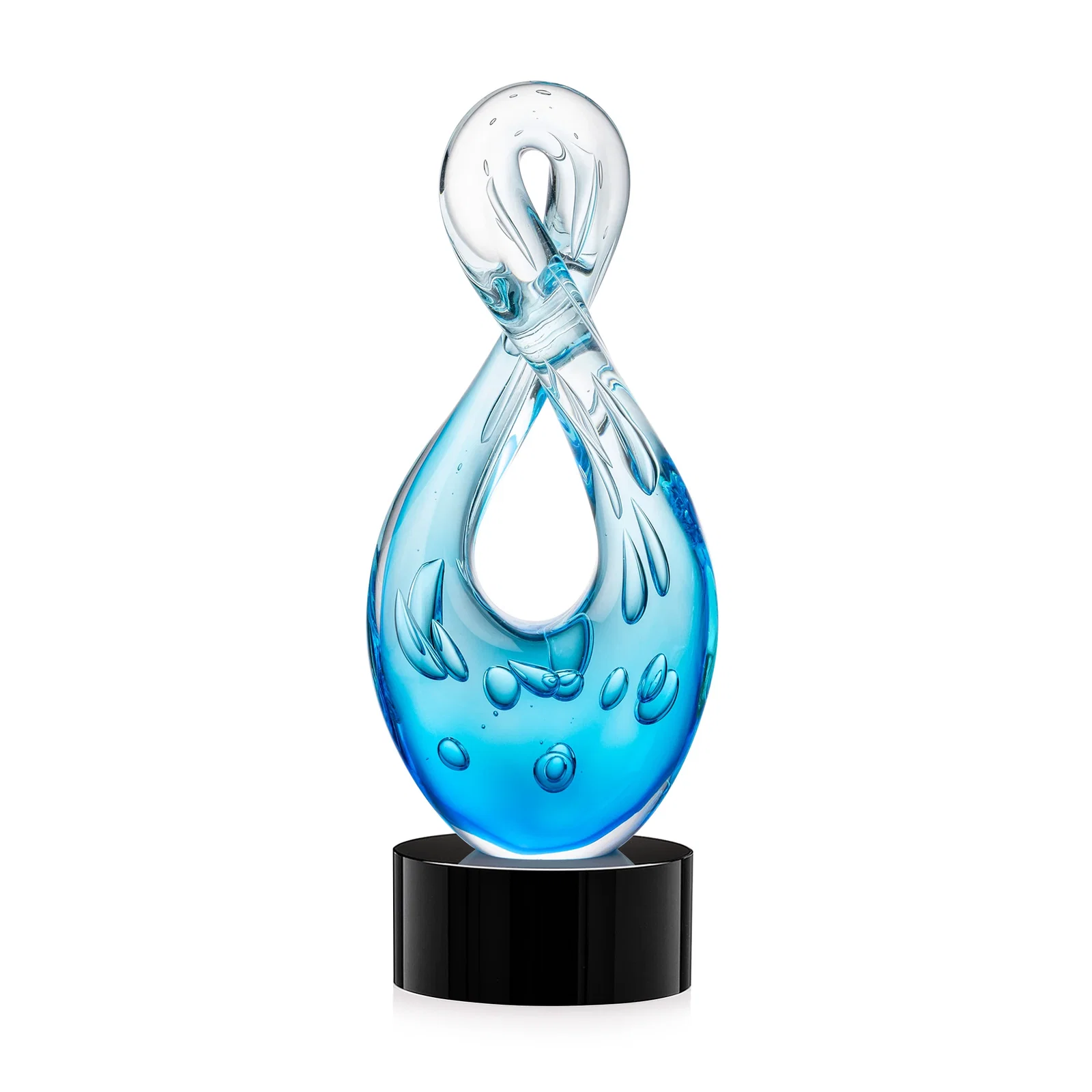 Personalized Blue Glass Award With a Twisting Infinity-Loop Silhouette for safety achievement programs