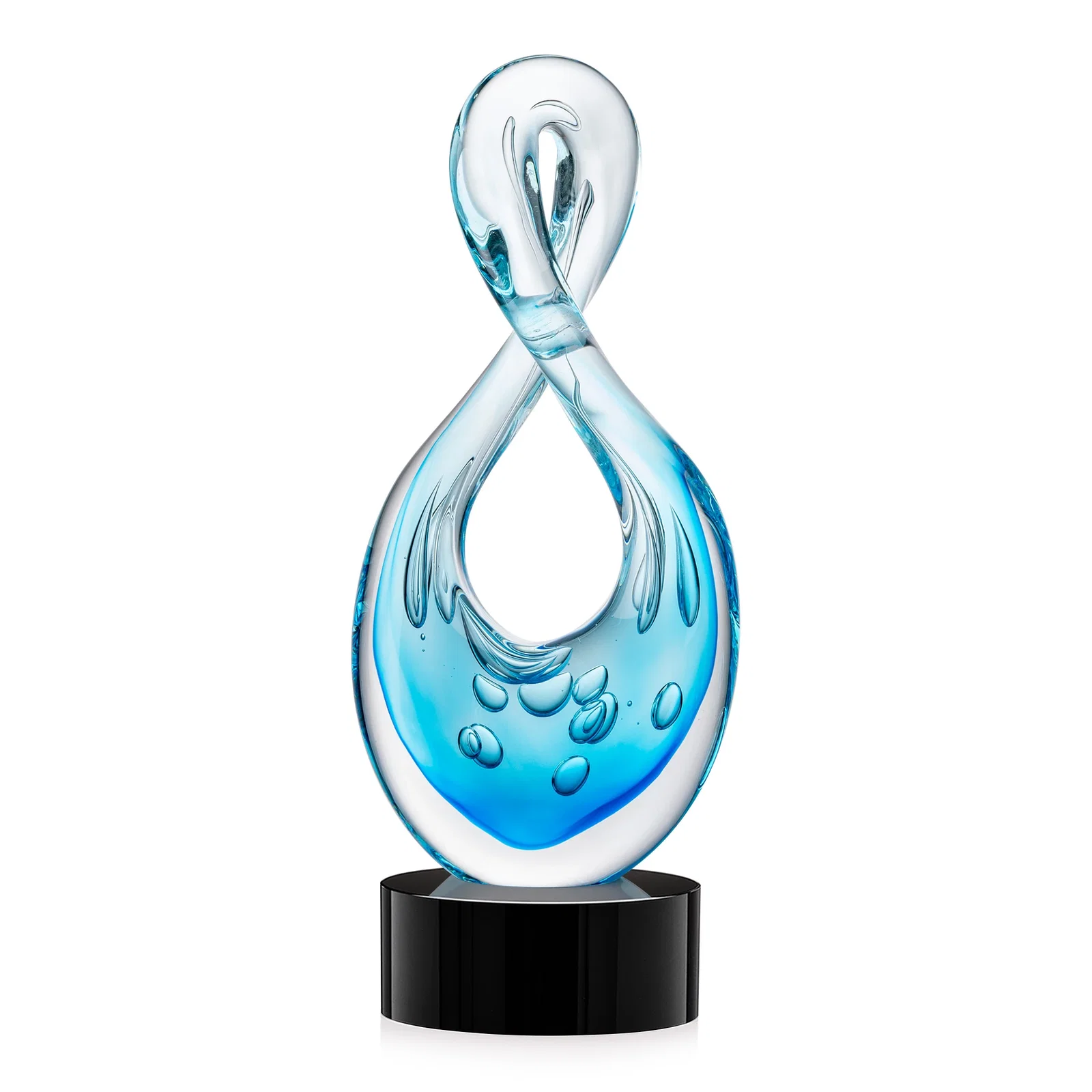 Personalized Blue Glass Award With a Twisting Infinity-Loop Silhouette for volunteer appreciation