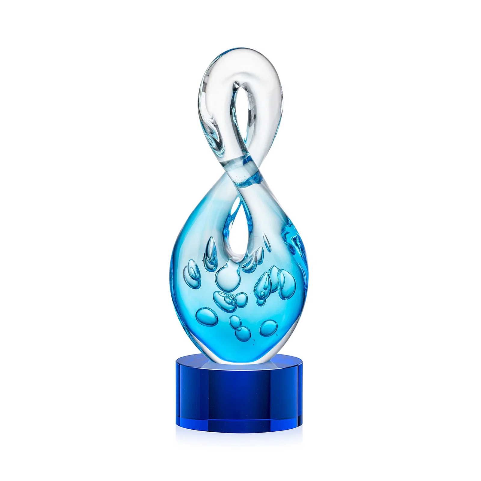 Personalized Blue Glass Award With a Twisting Infinity-Loop Silhouette for dealer and partner awards