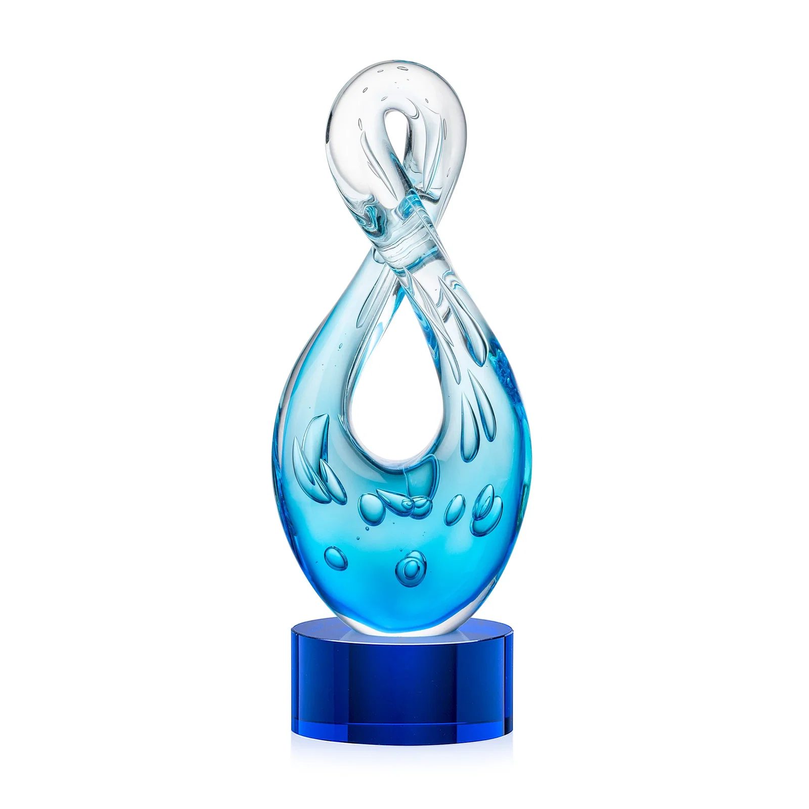 Personalized Blue Glass Award With a Twisting Infinity-Loop Silhouette for company anniversary events
