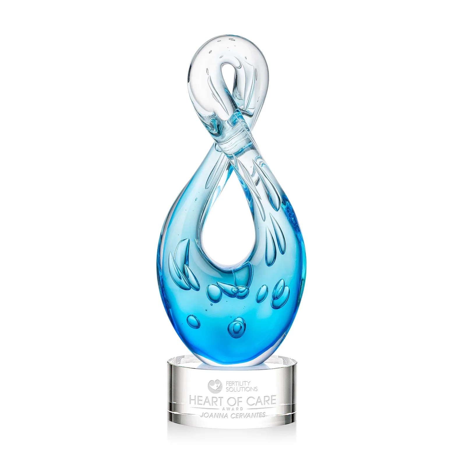 Custom Blue Glass Award With a Twisting Infinity-Loop Silhouette for service anniversary gifts