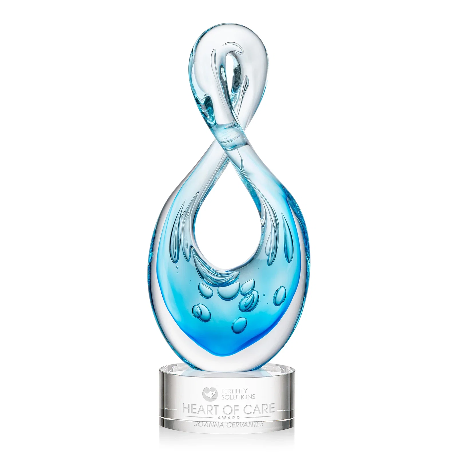 Custom Blue Glass Award With a Twisting Infinity-Loop Silhouette for sales achievement awards