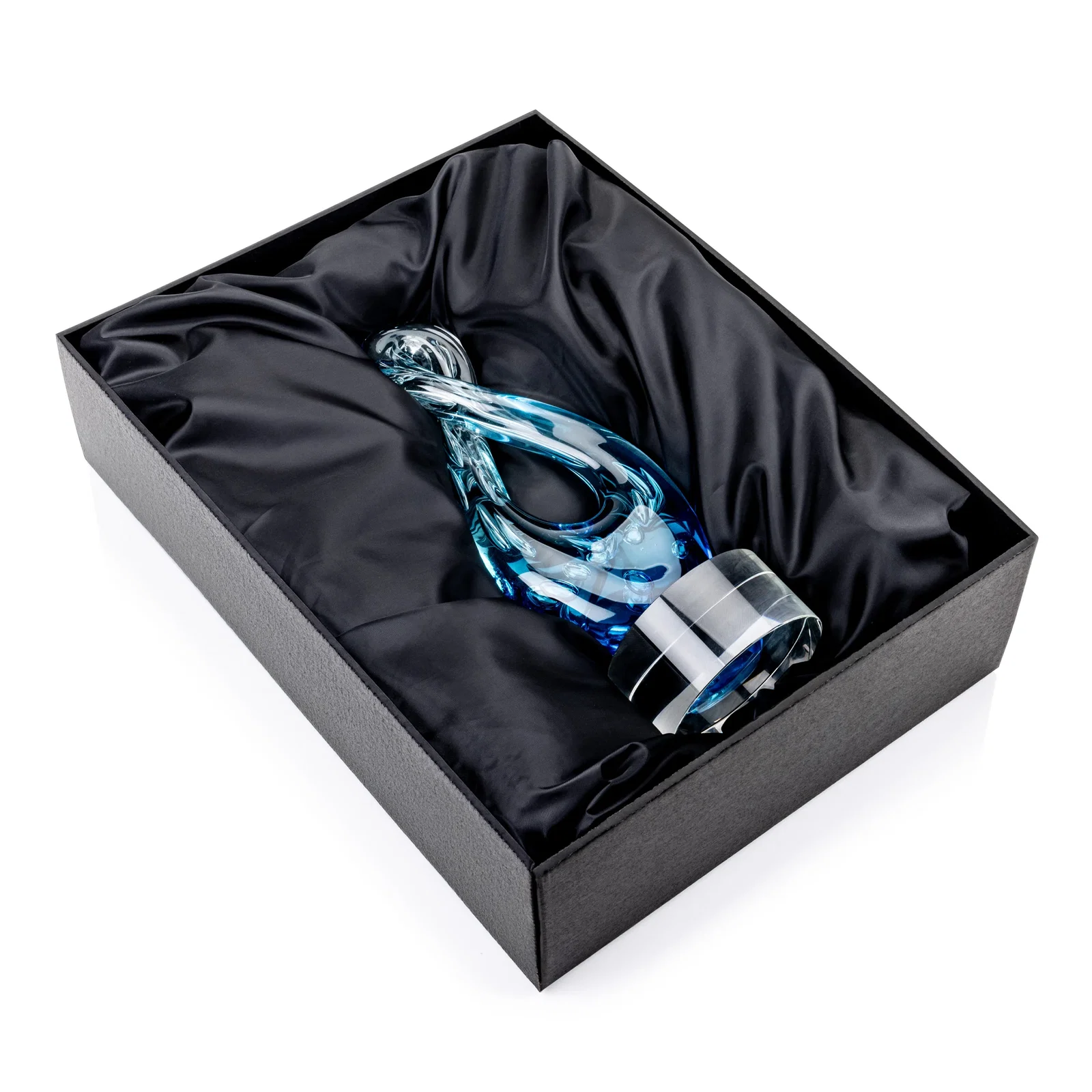 Custom Blue Glass Award With a Twisting Infinity-Loop Silhouette for retirement presentations