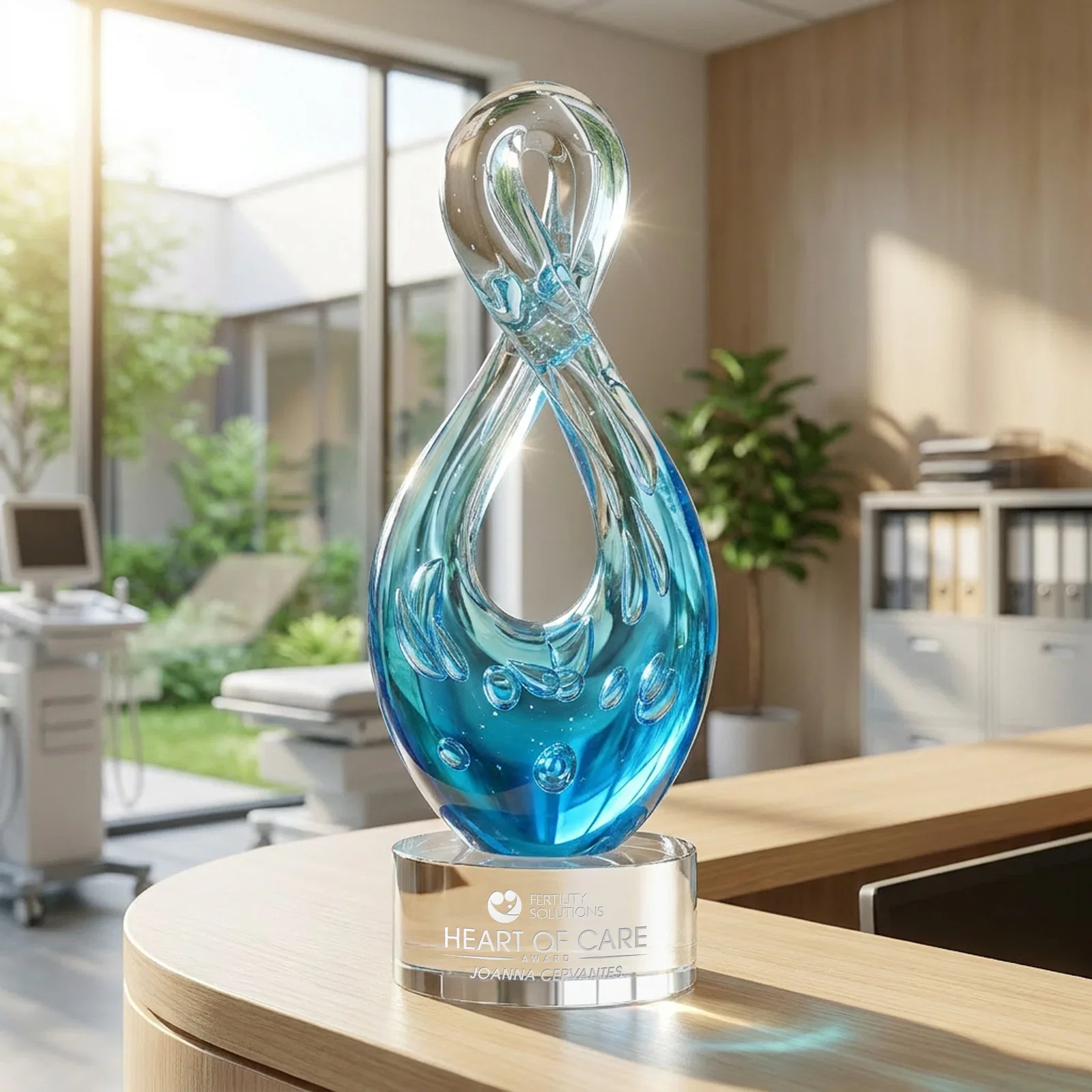 Custom Blue Glass Award With a Twisting Infinity-Loop Silhouette for team milestone celebrations