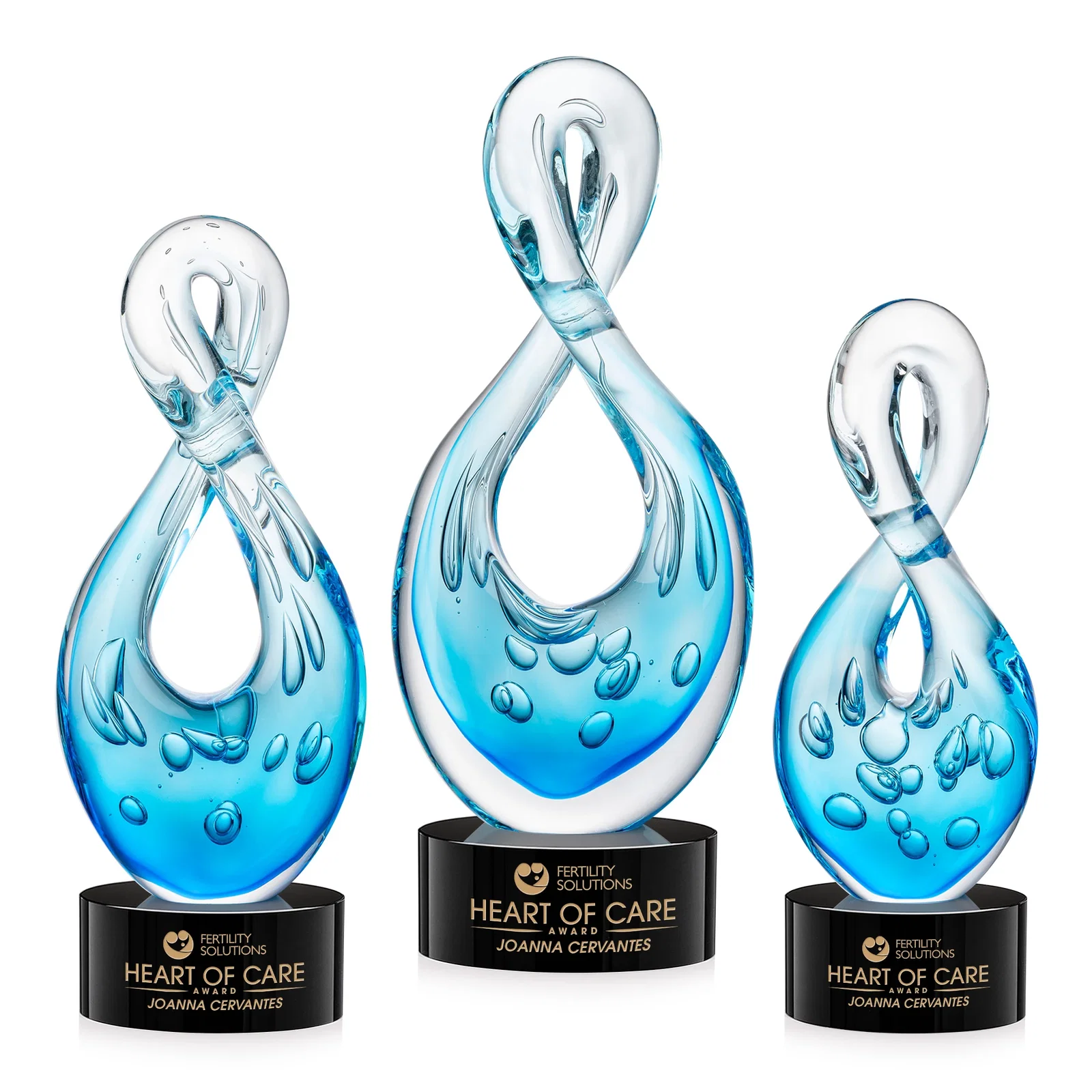 Custom Blue Glass Award With a Twisting Infinity-Loop Silhouette for donor appreciation
