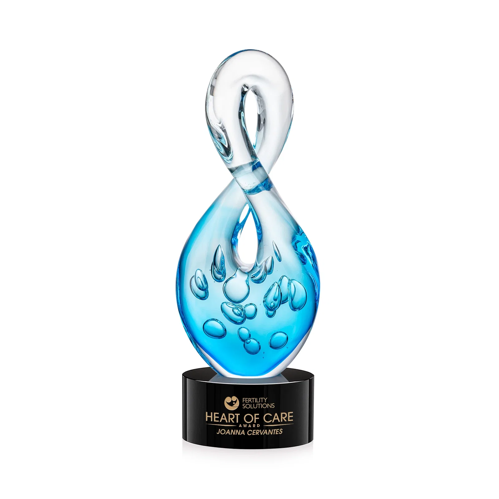 Custom Blue Glass Award With a Twisting Infinity-Loop Silhouette for graduation ceremonies