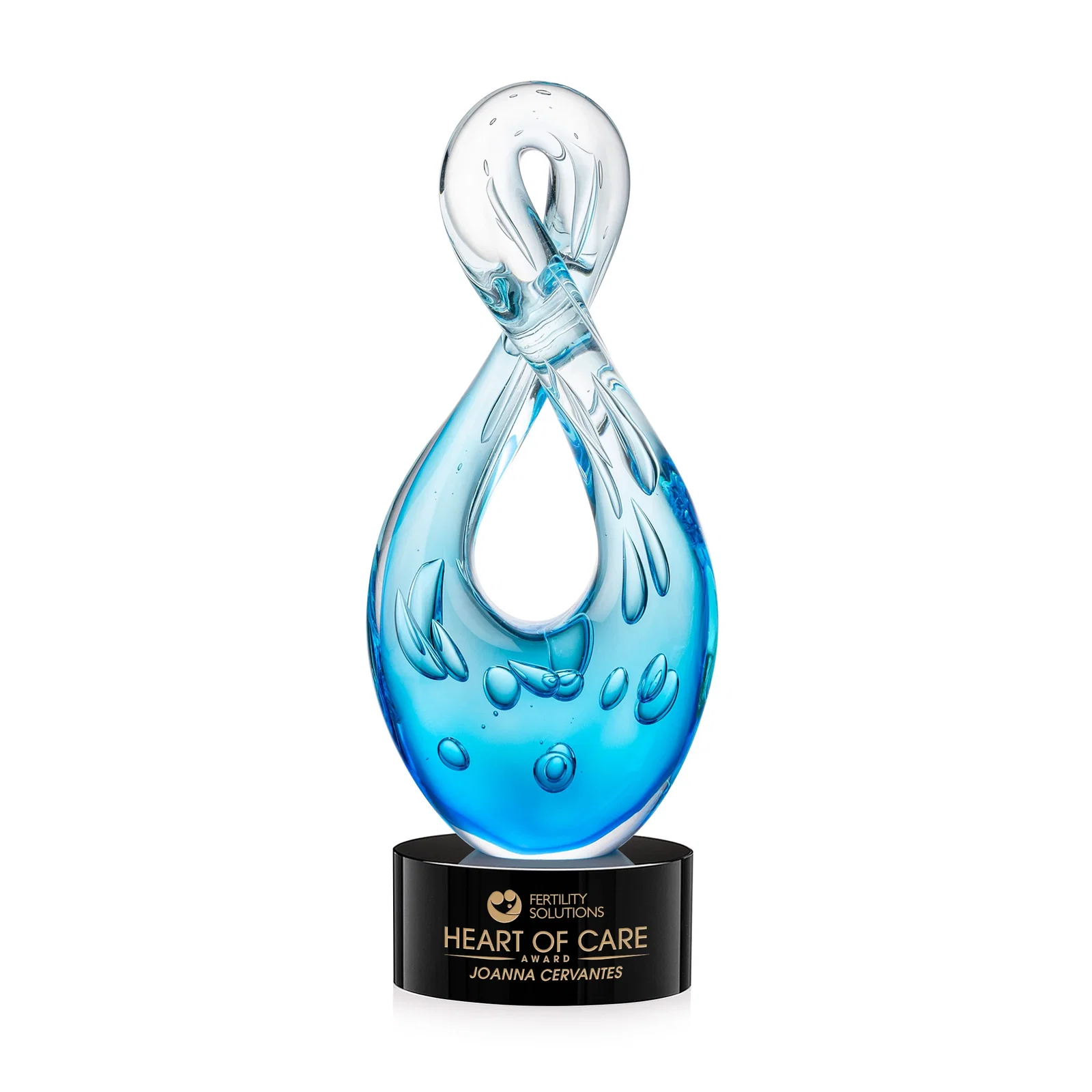 Custom Blue Glass Award With a Twisting Infinity-Loop Silhouette for safety achievement programs