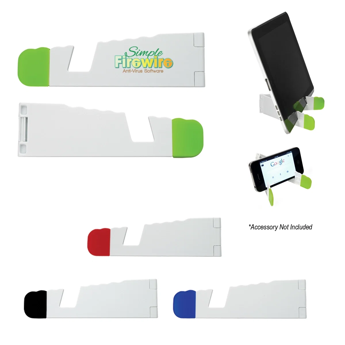 White tablet and phone stand shown open on a background