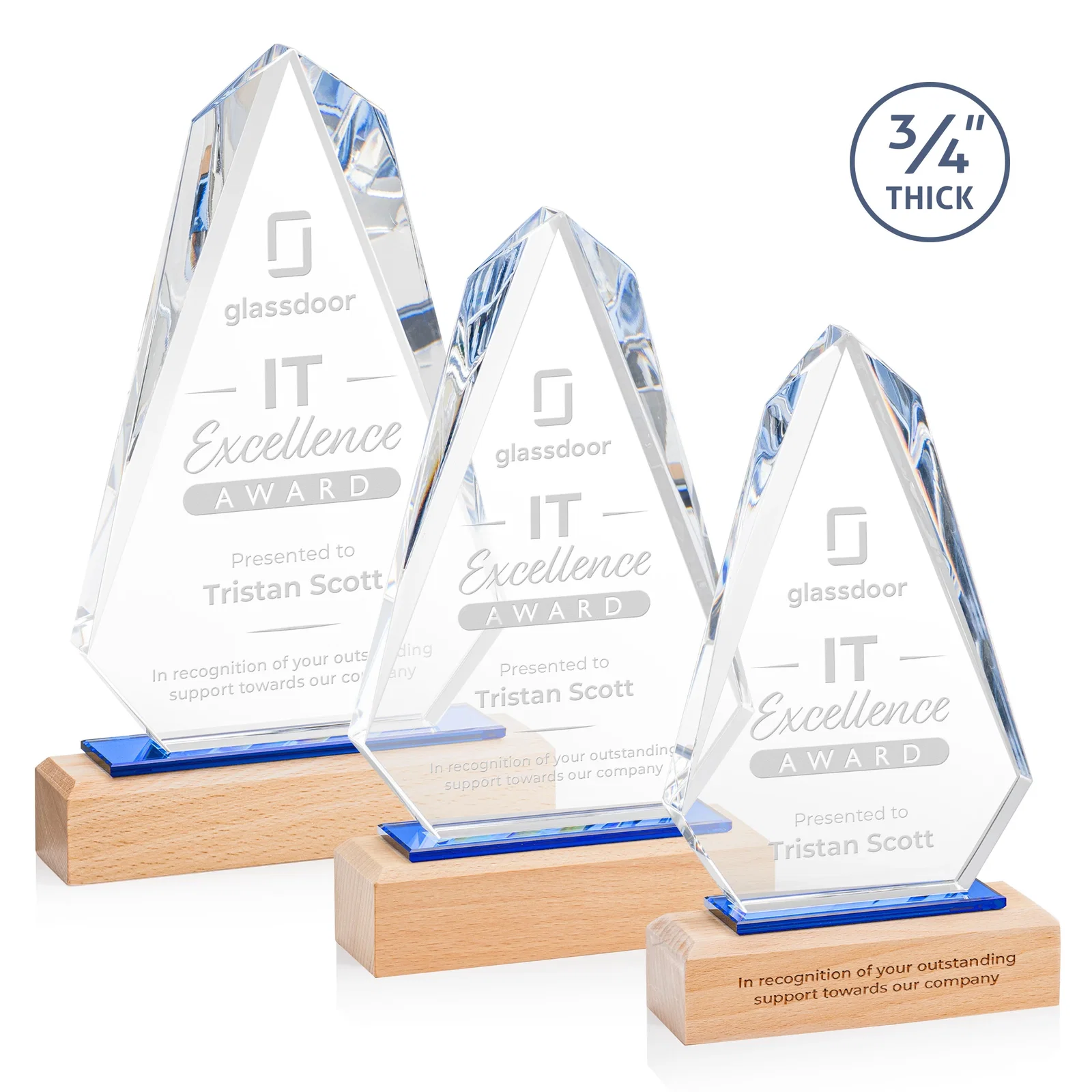 Custom Starfire Crystal Award with Polished Bevel on Beechwood Base for employee recognition