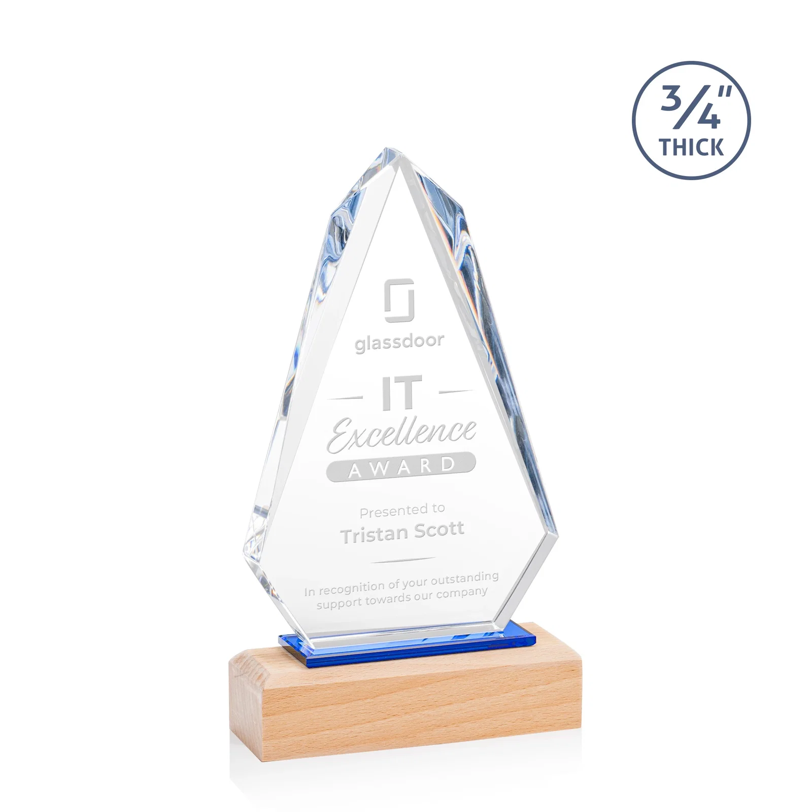 Custom Starfire Crystal Award with Polished Bevel on Beechwood Base for corporate award ceremonies