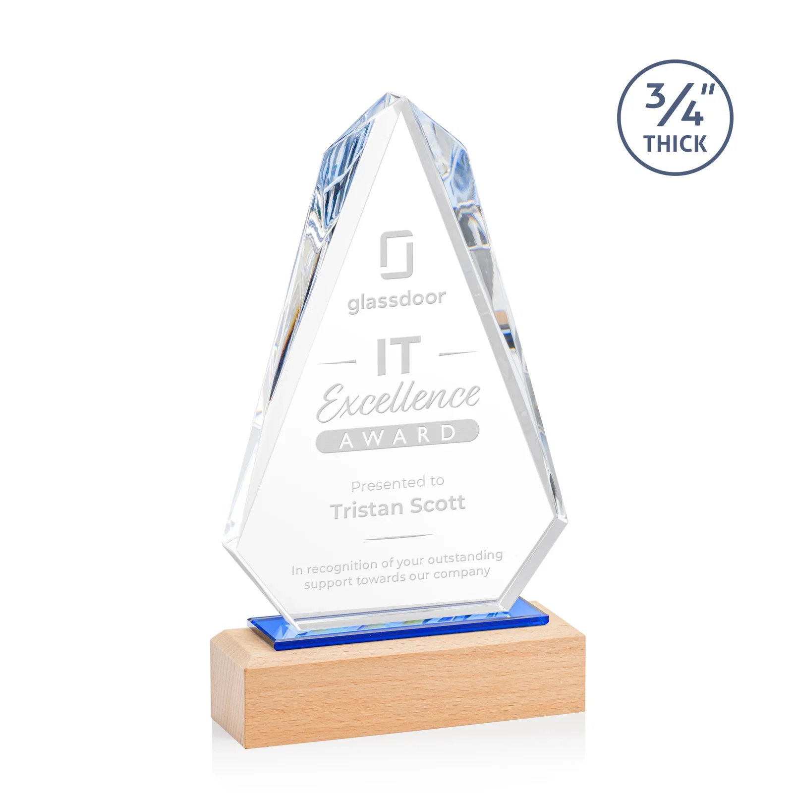 Custom Starfire Crystal Award with Polished Bevel on Beechwood Base for service anniversary gifts