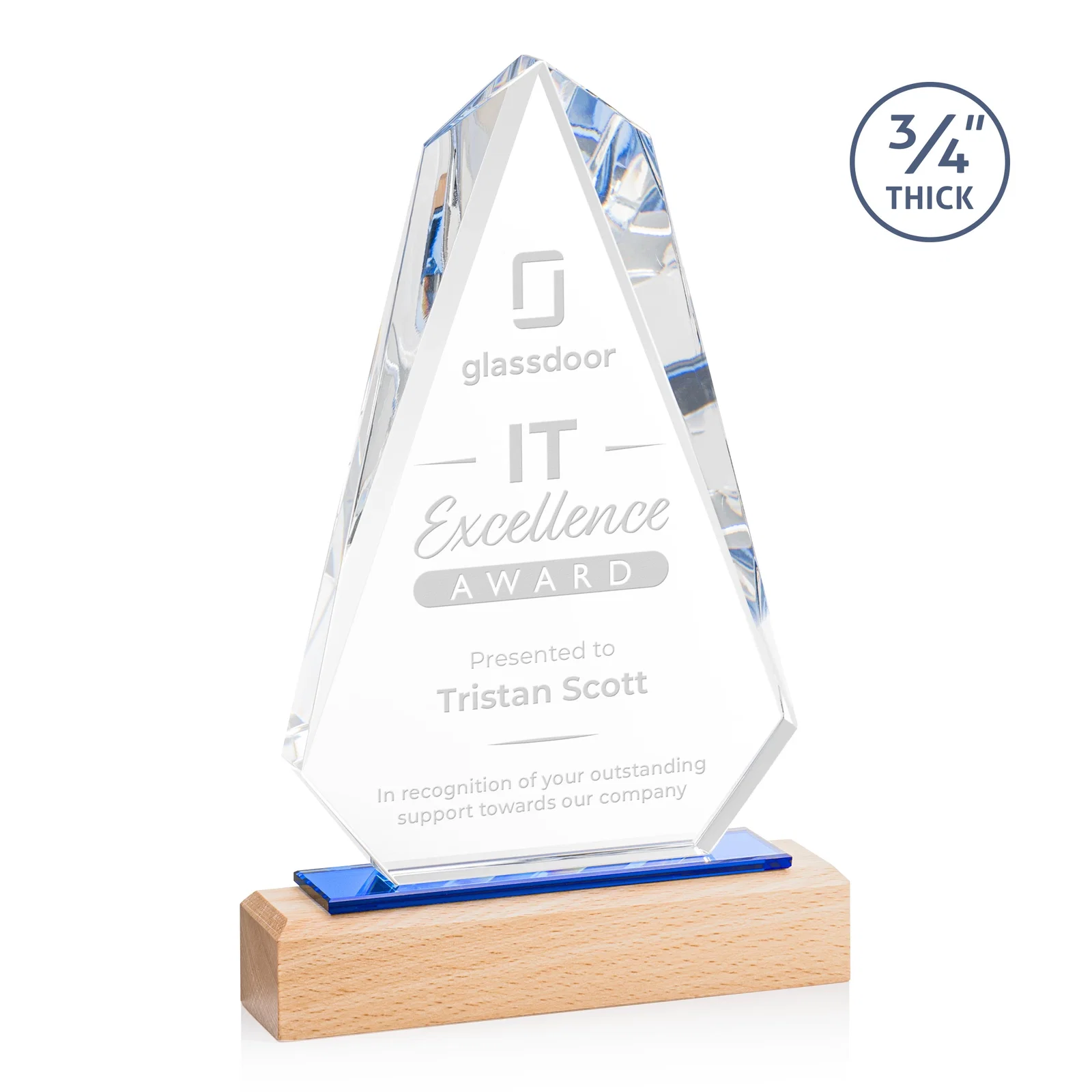 Custom Starfire Crystal Award with Polished Bevel on Beechwood Base for sales achievement awards