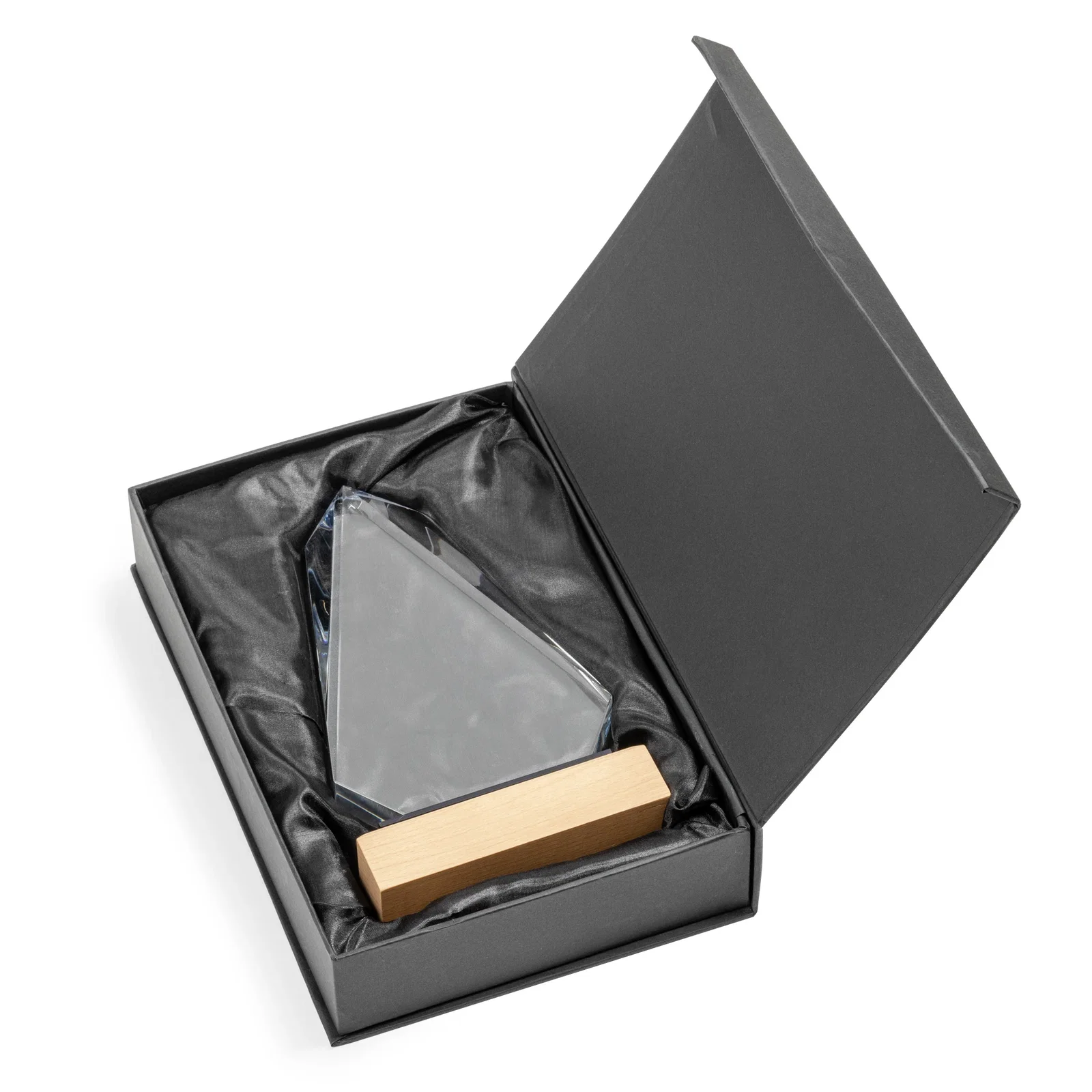 Custom Starfire Crystal Award with Polished Bevel on Beechwood Base for retirement presentations