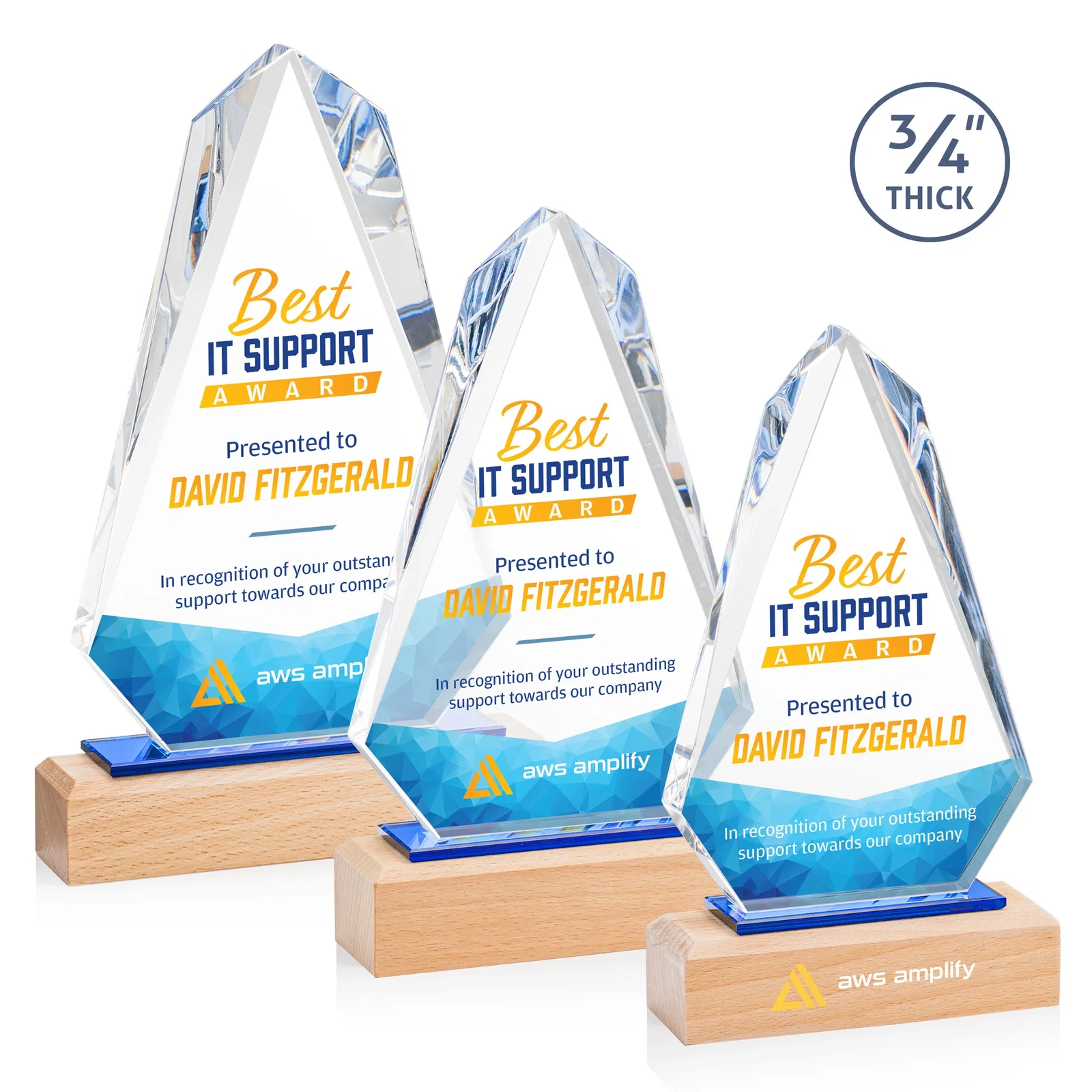 Custom Starfire Crystal Award with Polished Bevel on Beechwood Base for team milestone celebrations