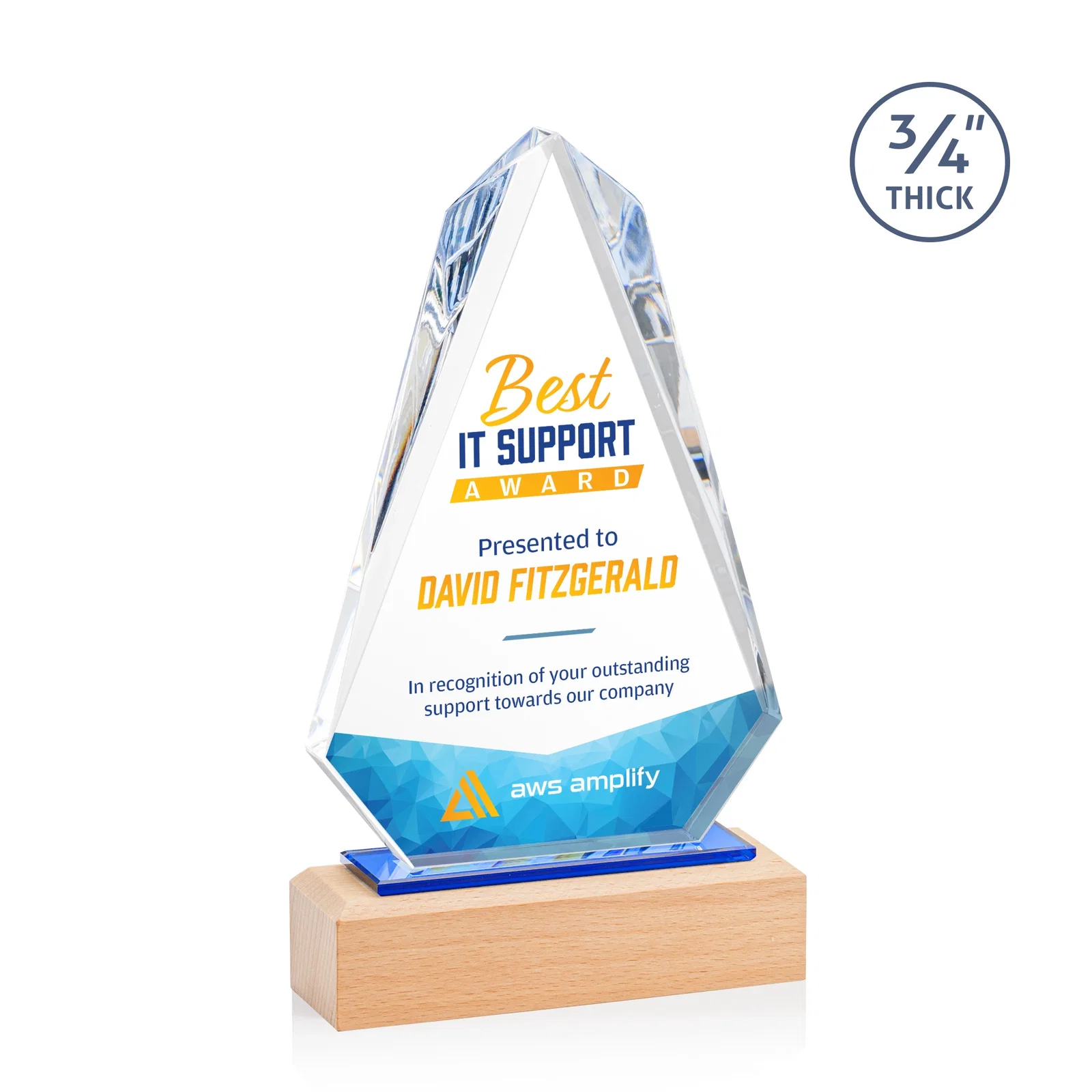 Custom Starfire Crystal Award with Polished Bevel on Beechwood Base for graduation ceremonies