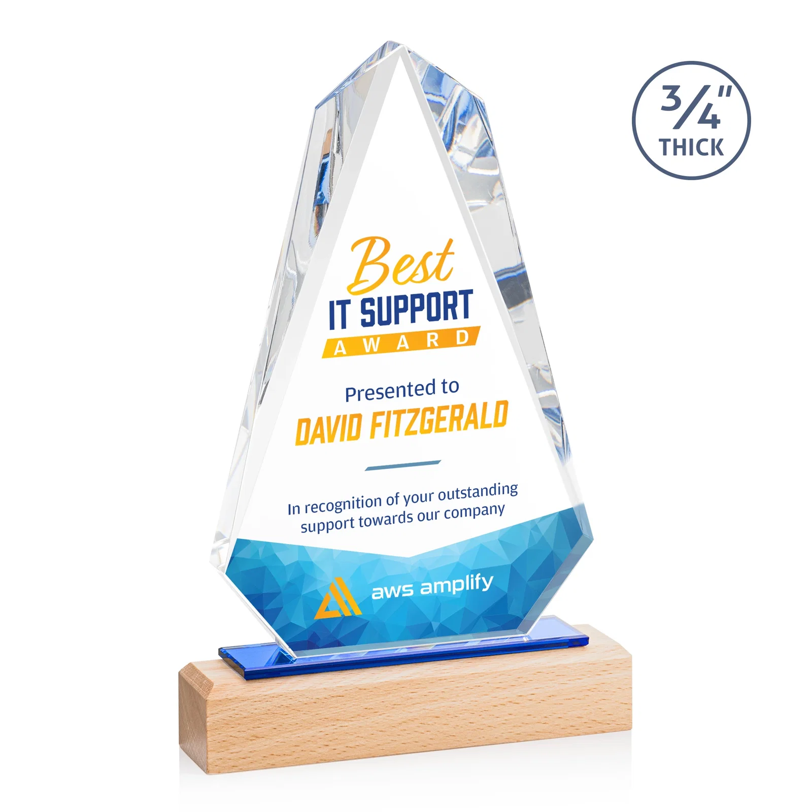 Custom Starfire Crystal Award with Polished Bevel on Beechwood Base for safety achievement programs