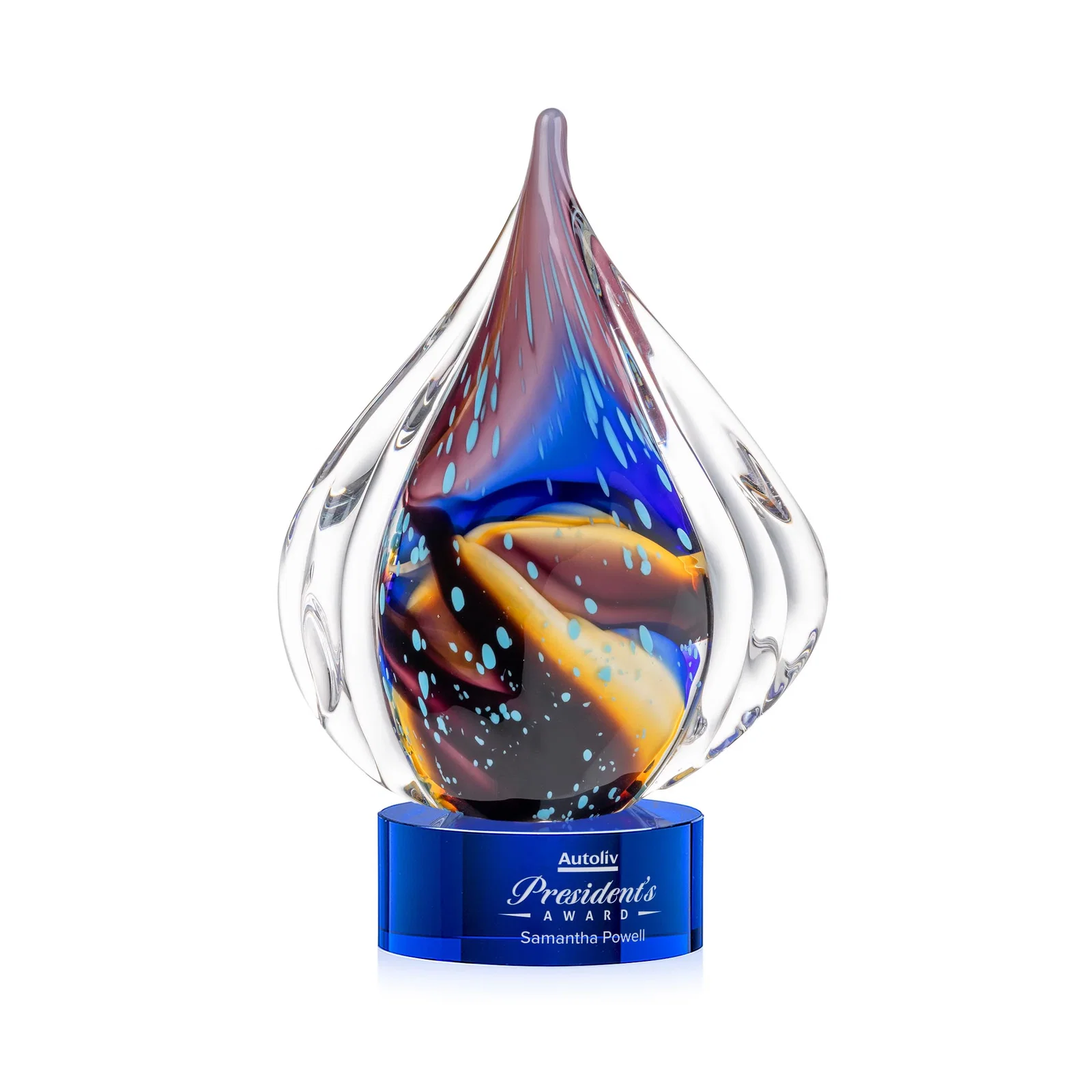 Custom Blue and Amber Glass Teardrop Award With Bubble Texture for team milestone celebrations