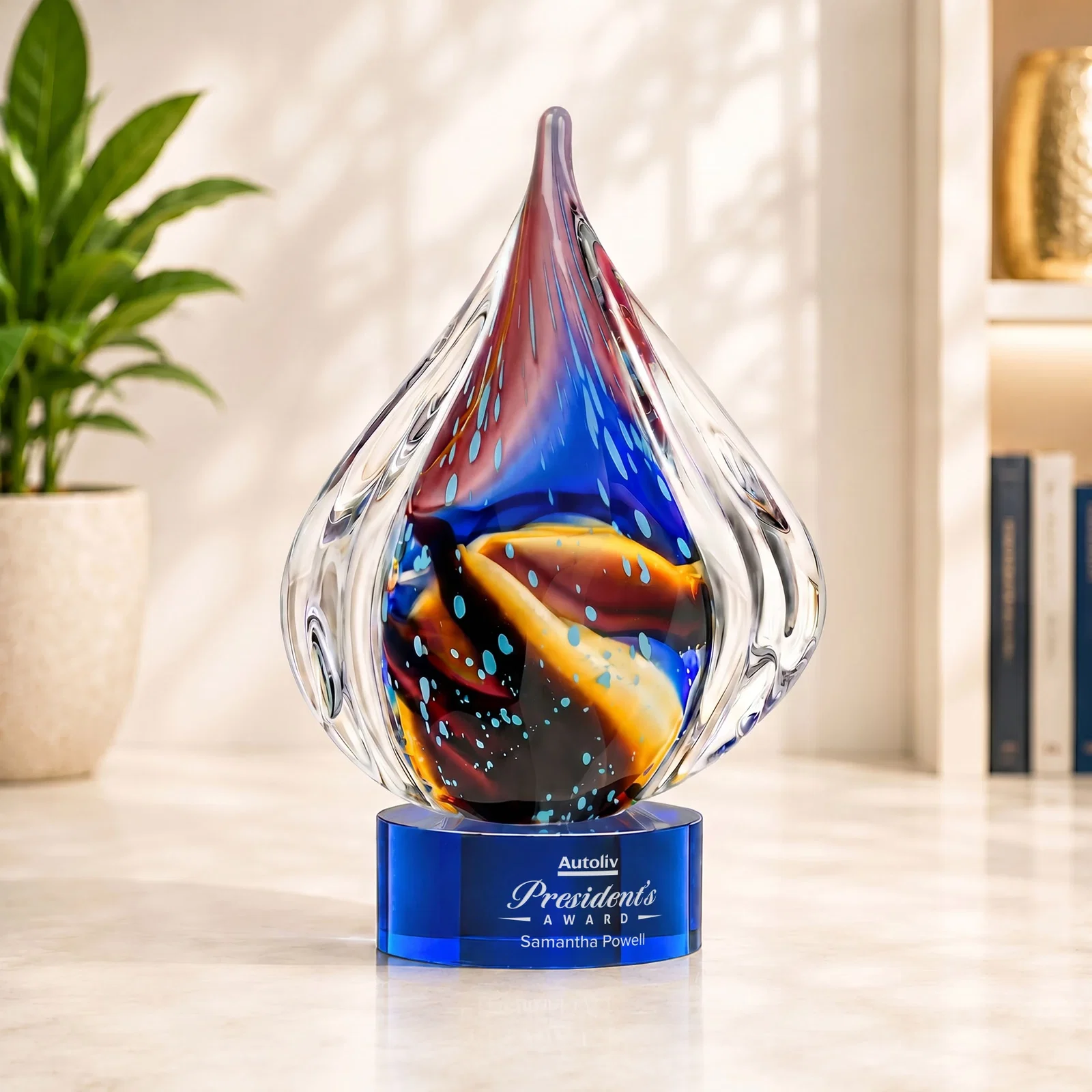 Custom Blue and Amber Glass Teardrop Award With Bubble Texture for donor appreciation