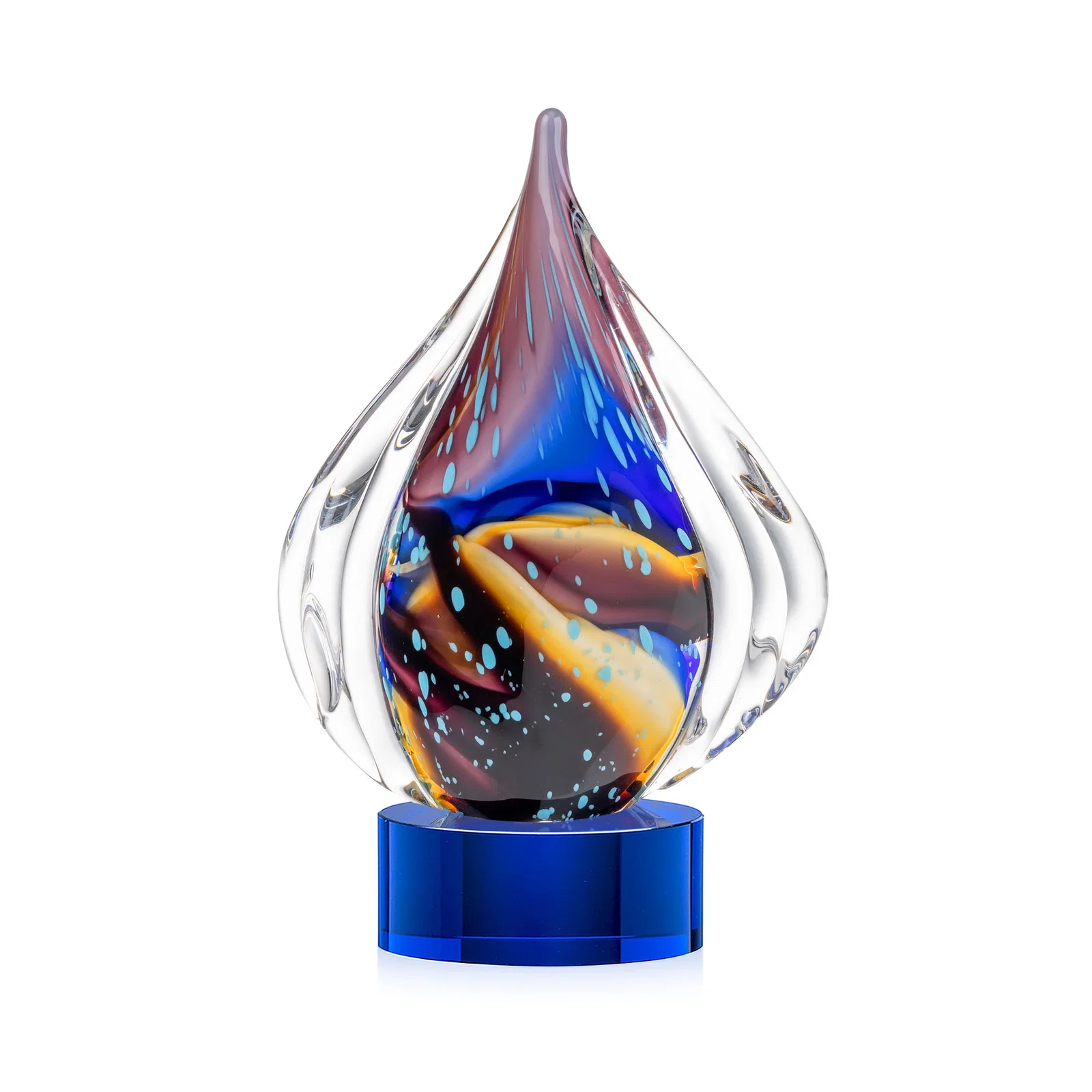 Custom Blue and Amber Glass Teardrop Award With Bubble Texture for volunteer appreciation