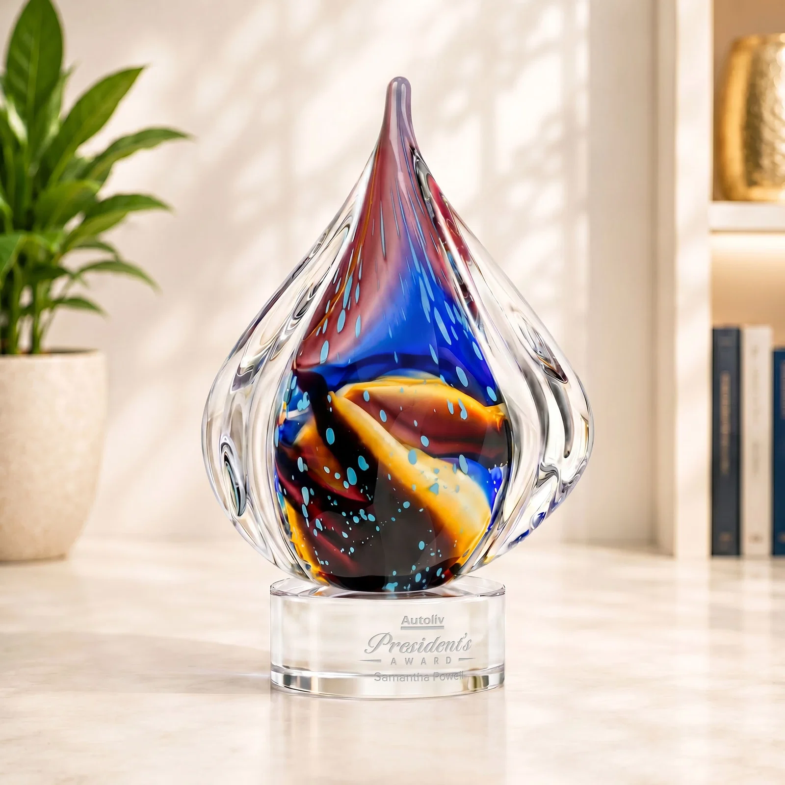 Custom Blue and Amber Glass Teardrop Award With Bubble Texture for corporate award ceremonies