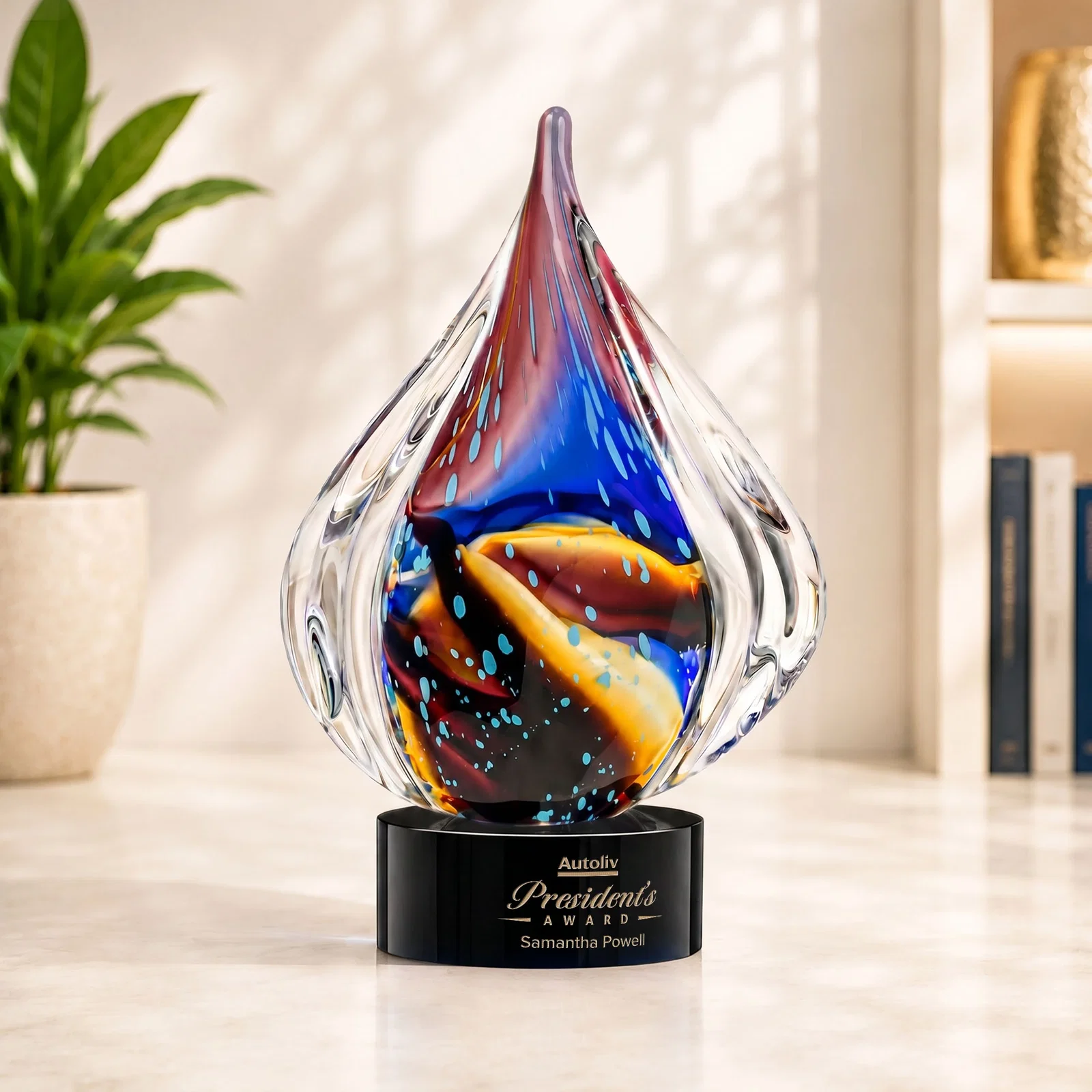 Custom Blue and Amber Glass Teardrop Award With Bubble Texture for retirement presentations