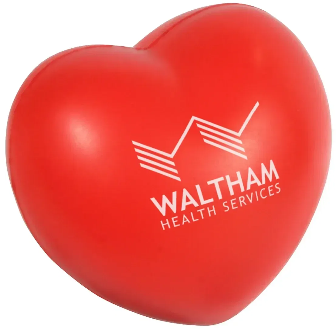 Custom heart stress reliever close-up of logo imprint, branded Valentine squeeze toy