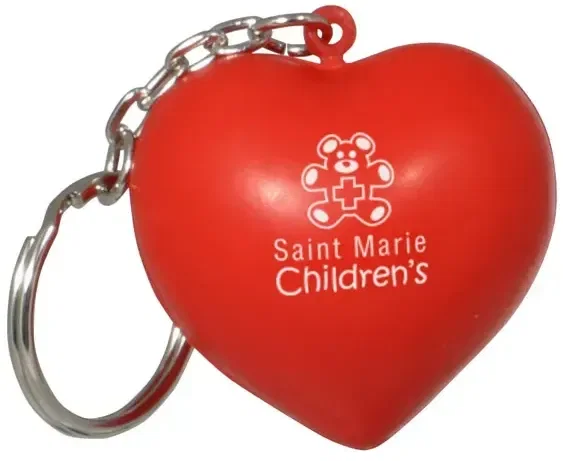 Heart-shaped stress reliever keychain with custom logo, branded Valentine squeeze toy on keys
