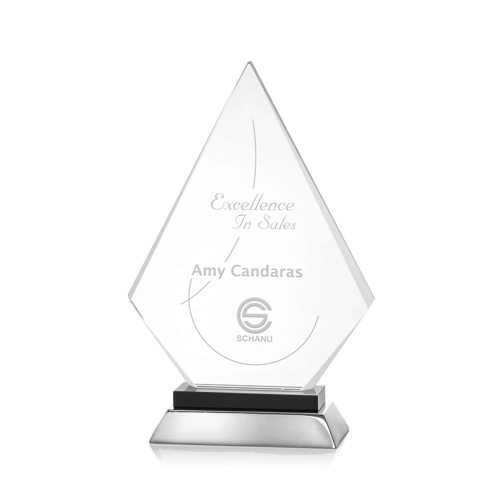 Custom Starfire Crystal and Aluminum Diamond Peak Award on Sapphire Base for dealer and partner awards
