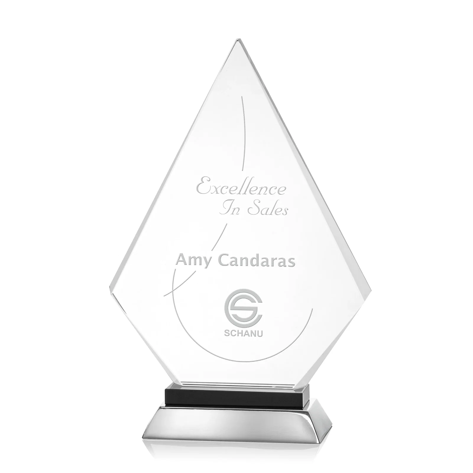 Custom Starfire Crystal and Aluminum Diamond Peak Award on Sapphire Base for company anniversary events