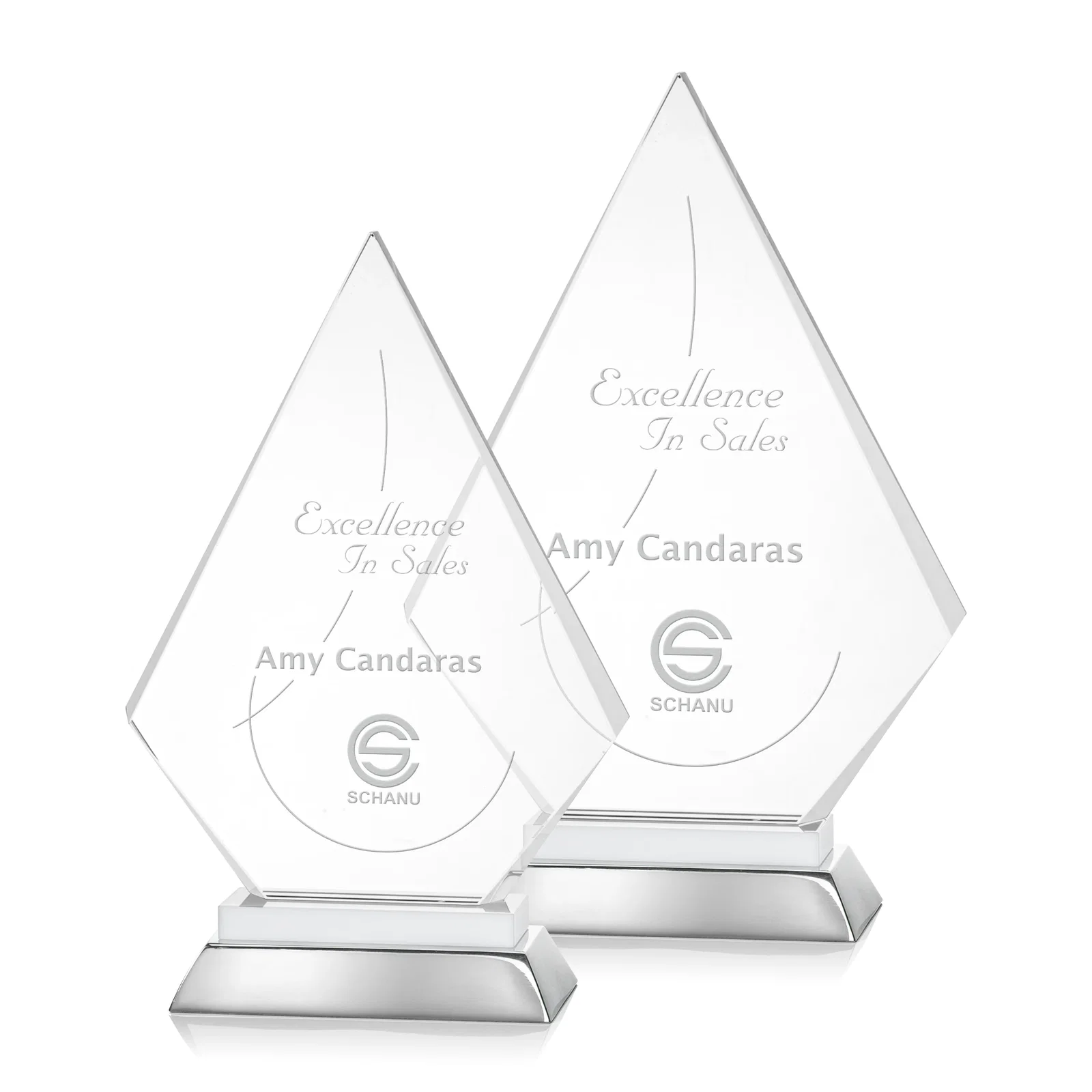Personalized Starfire Crystal and Aluminum Diamond Peak Award on Sapphire Base for sales achievement awards