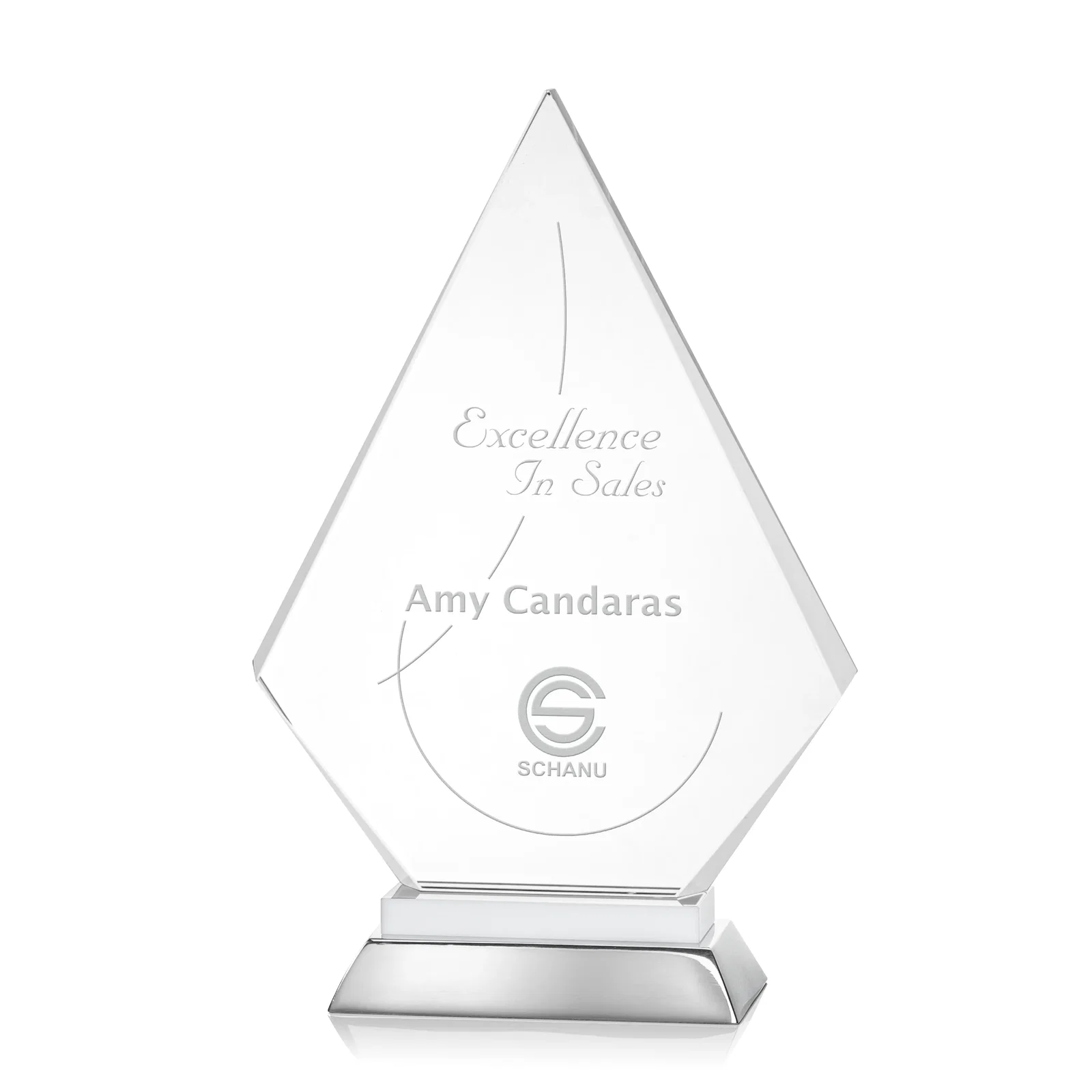 Personalized Starfire Crystal and Aluminum Diamond Peak Award on Sapphire Base for team milestone celebrations