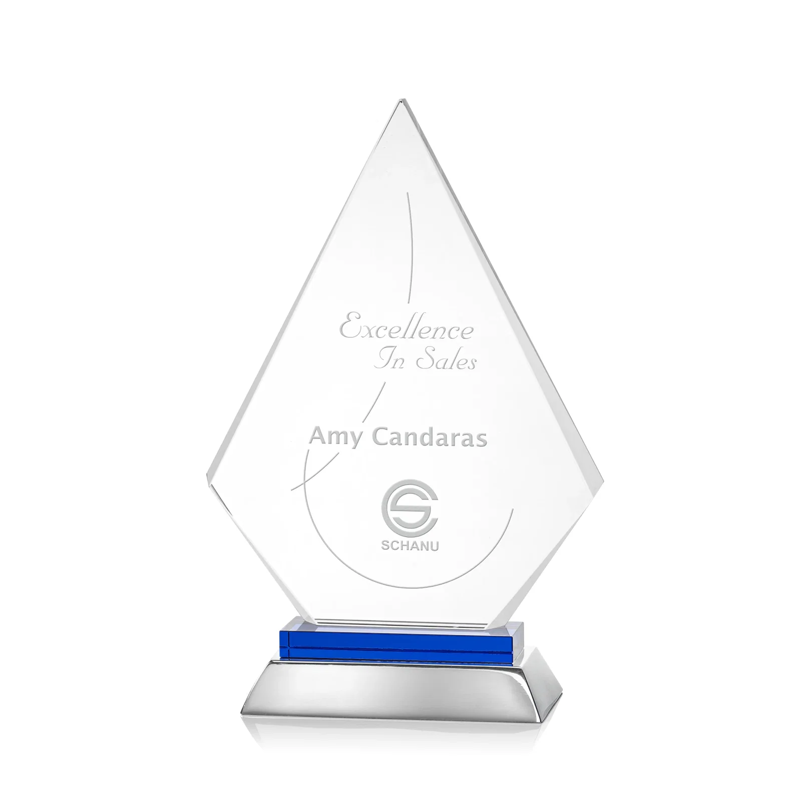 Custom Starfire Crystal and Aluminum Diamond Peak Award on Sapphire Base for corporate award ceremonies