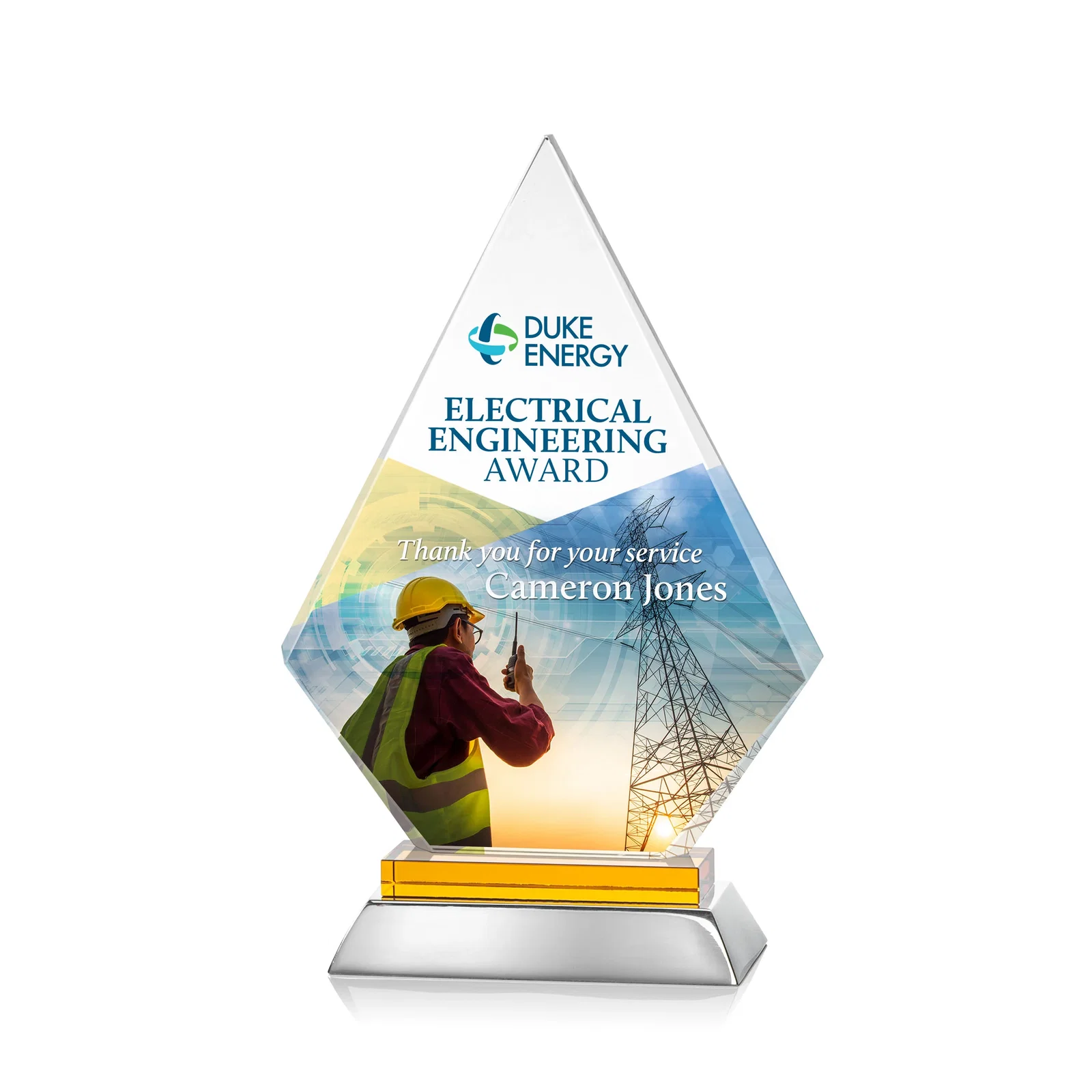 Personalized Starfire Crystal and Aluminum Diamond Peak Award on Sapphire Base for graduation ceremonies