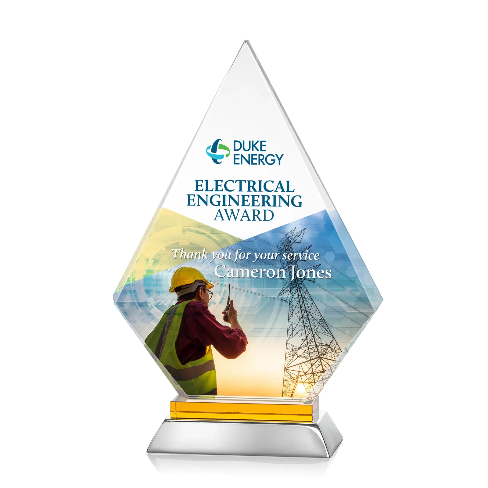Personalized Starfire Crystal and Aluminum Diamond Peak Award on Sapphire Base for safety achievement programs