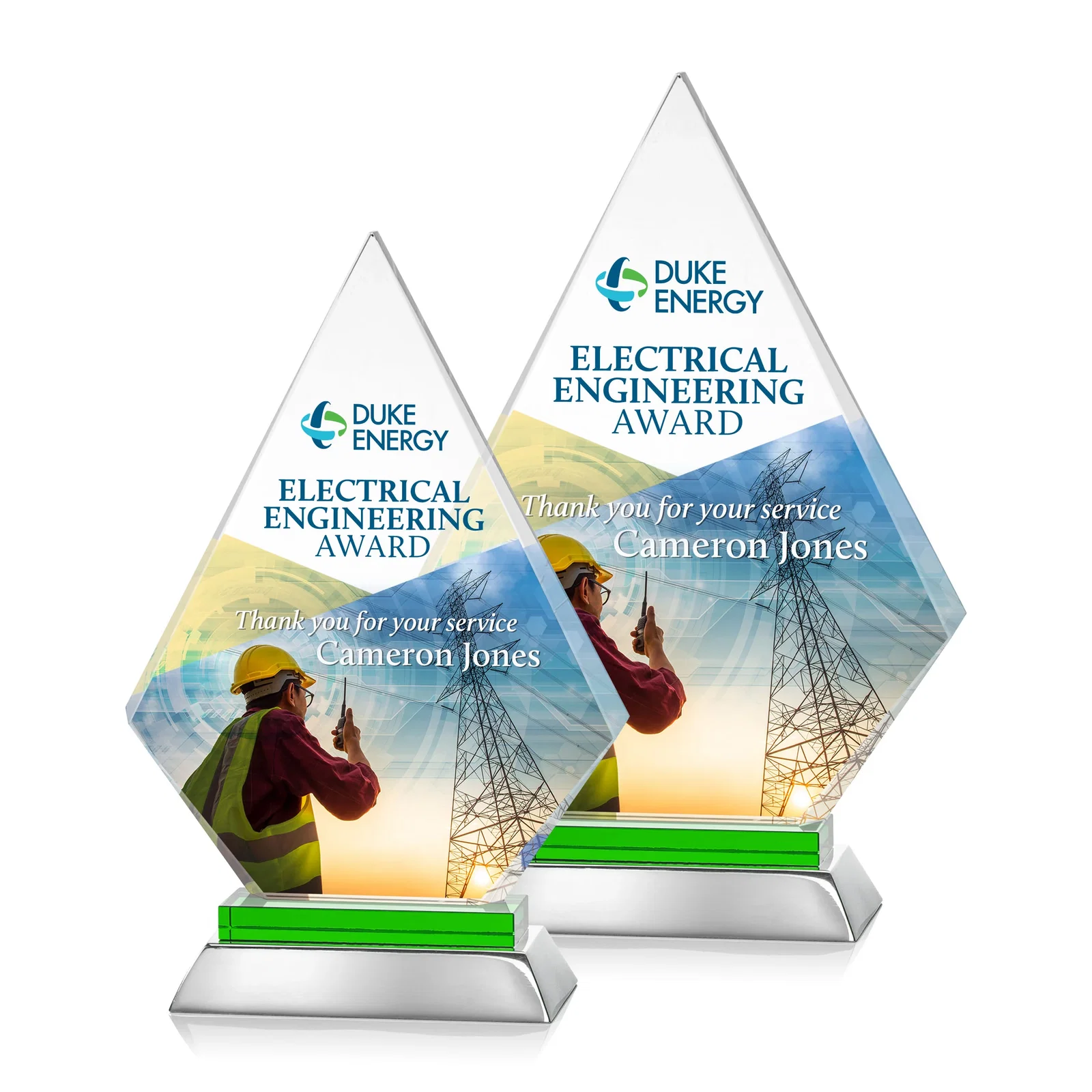Personalized Starfire Crystal and Aluminum Diamond Peak Award on Sapphire Base for volunteer appreciation
