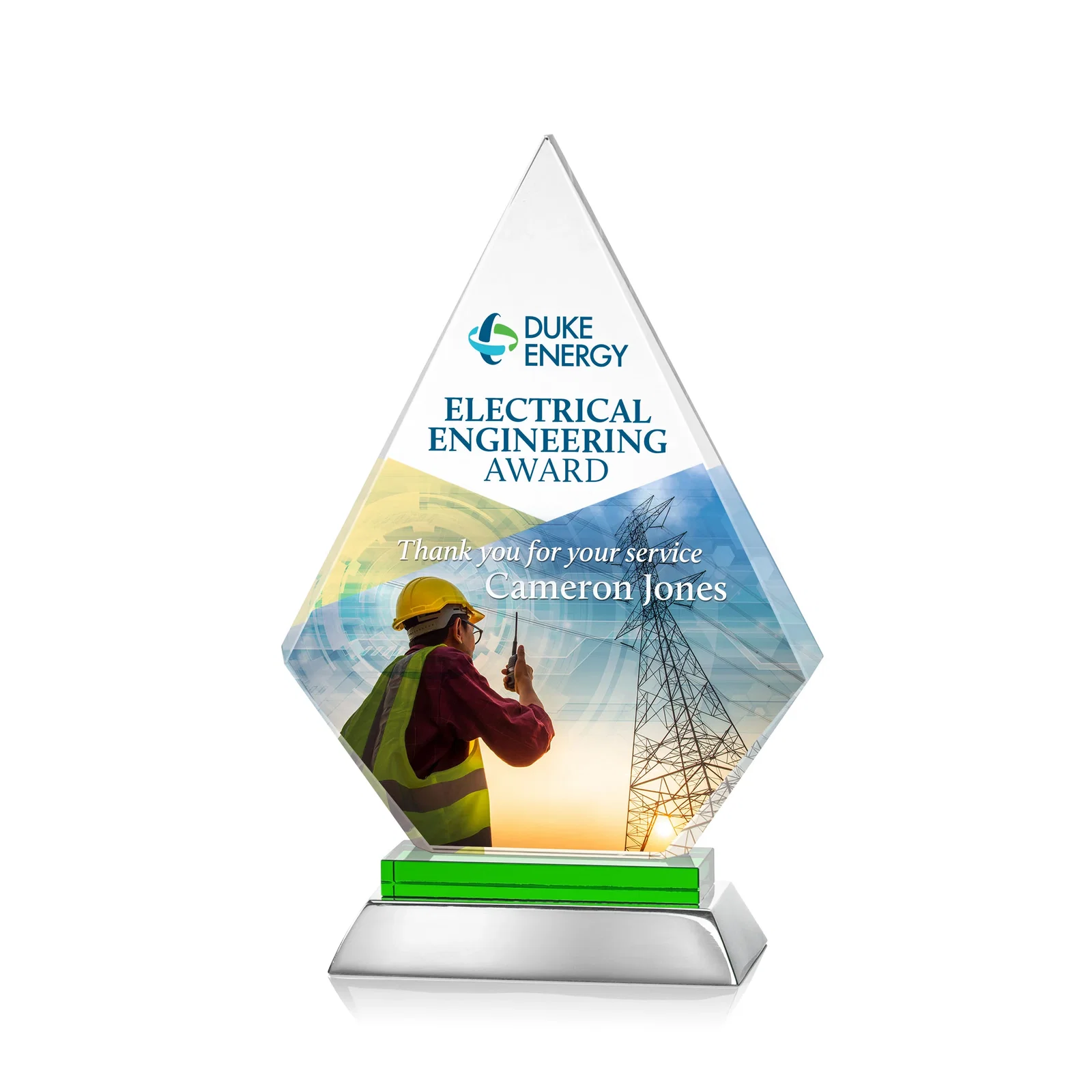 Personalized Starfire Crystal and Aluminum Diamond Peak Award on Sapphire Base for dealer and partner awards