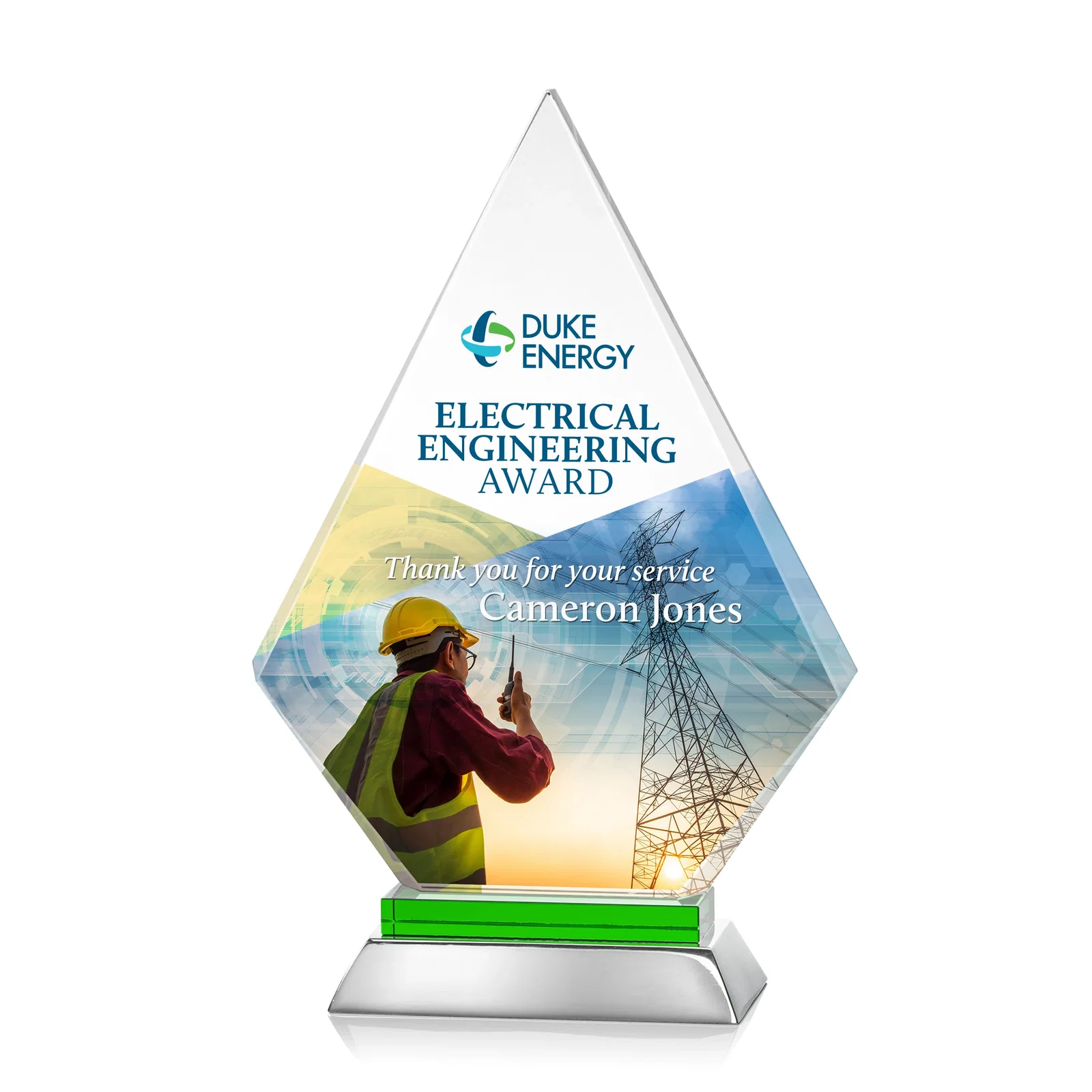Personalized Starfire Crystal and Aluminum Diamond Peak Award on Sapphire Base for company anniversary events