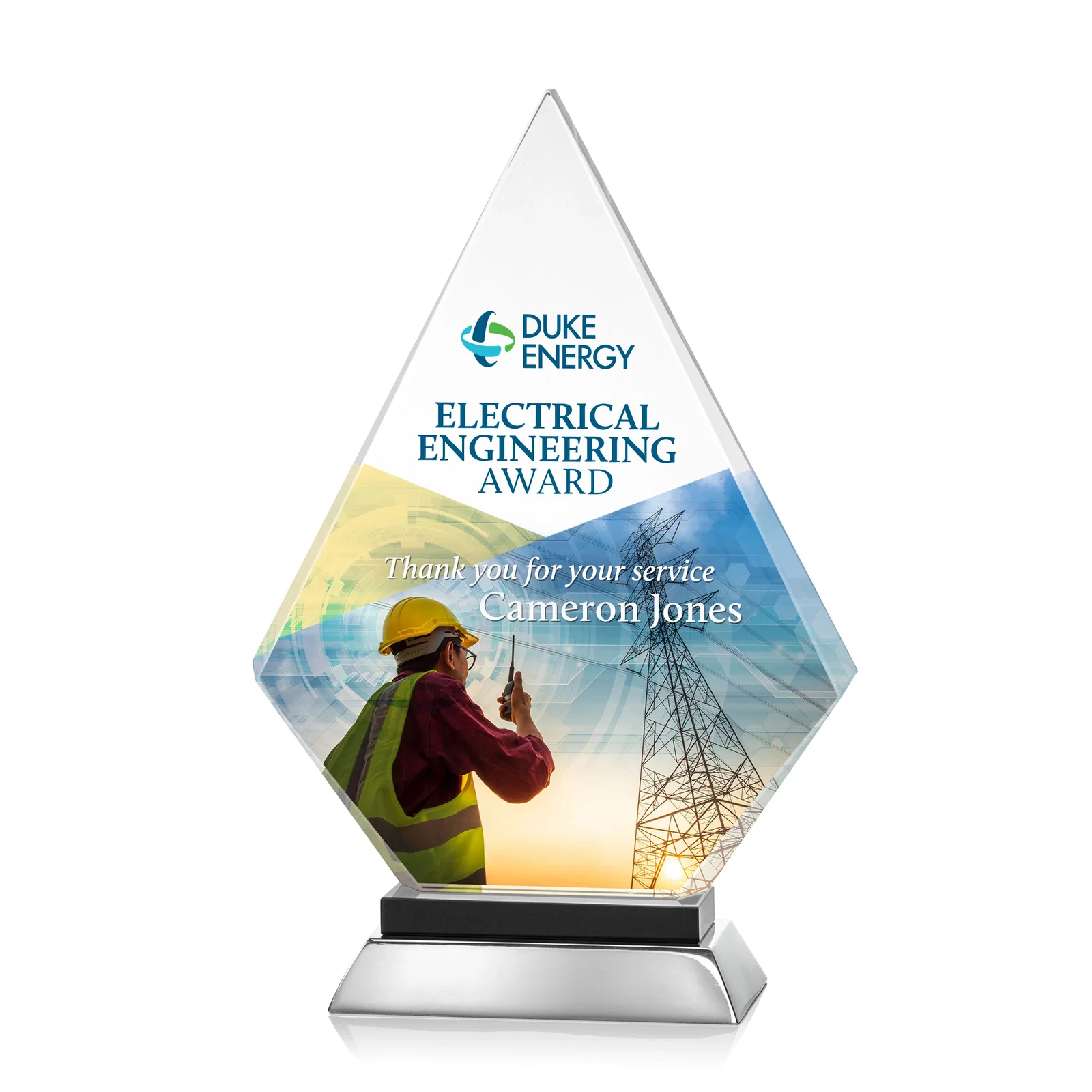 Promotional Starfire Crystal and Aluminum Diamond Peak Award on Sapphire Base for service anniversary gifts