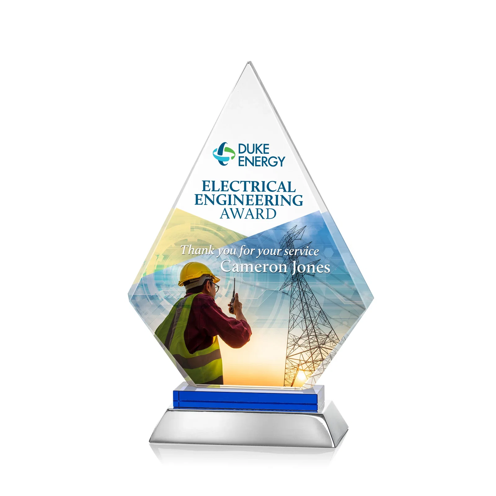 Promotional Starfire Crystal and Aluminum Diamond Peak Award on Sapphire Base for retirement presentations