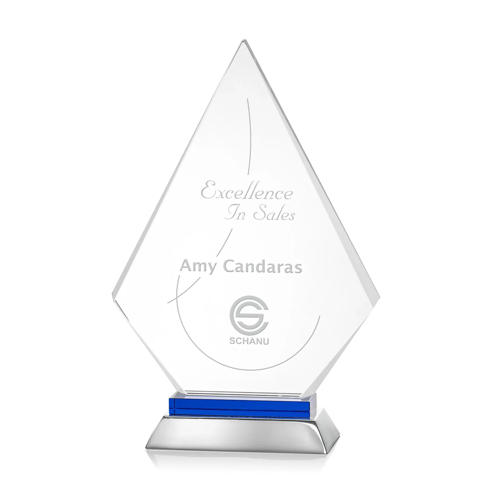 Custom Starfire Crystal and Aluminum Diamond Peak Award on Sapphire Base for service anniversary gifts