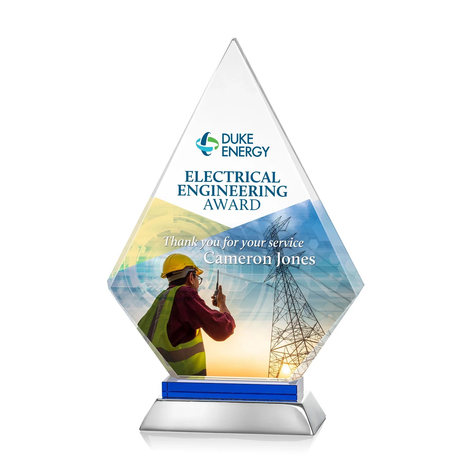 Promotional Starfire Crystal and Aluminum Diamond Peak Award on Sapphire Base for team milestone celebrations