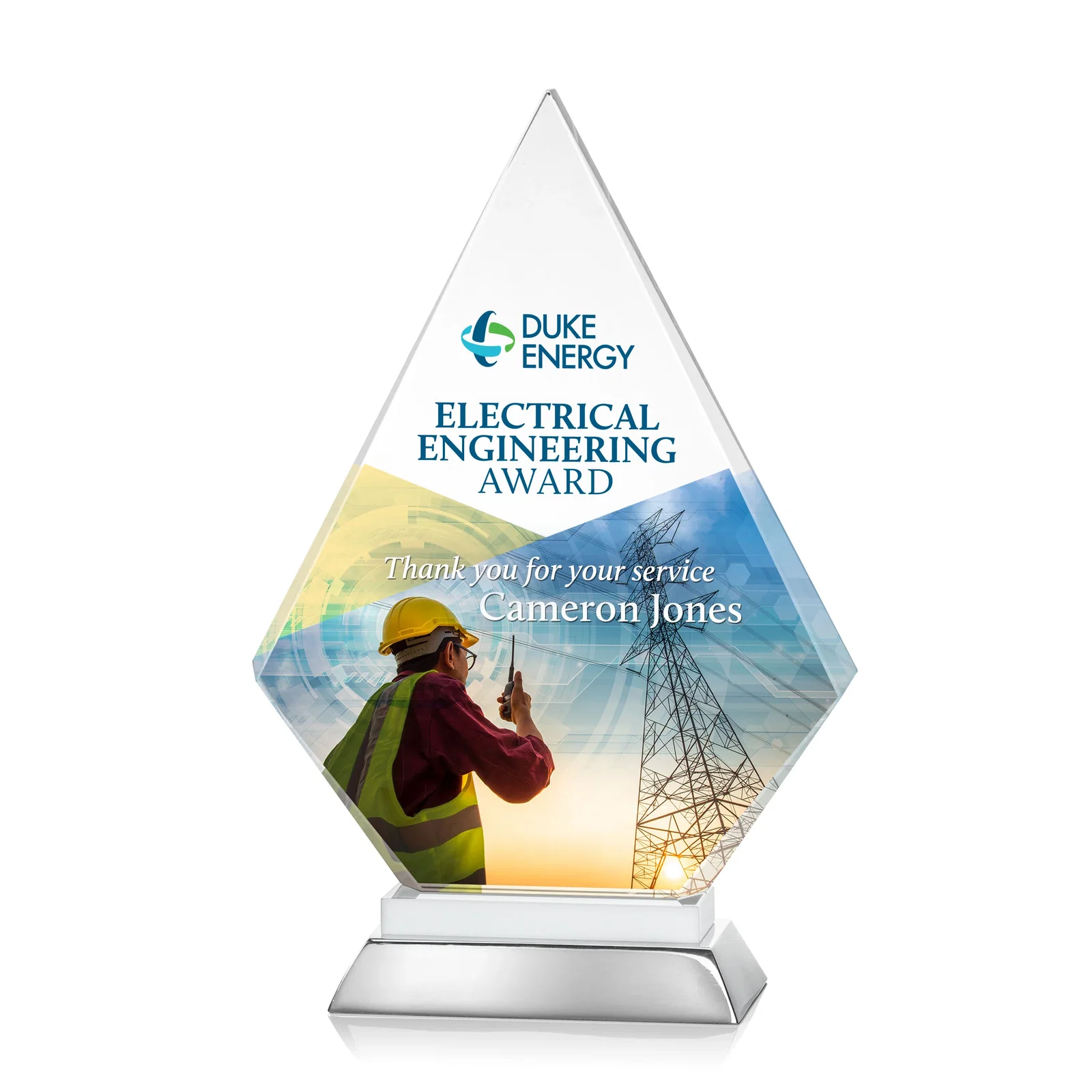 Promotional Starfire Crystal and Aluminum Diamond Peak Award on Sapphire Base for company anniversary events