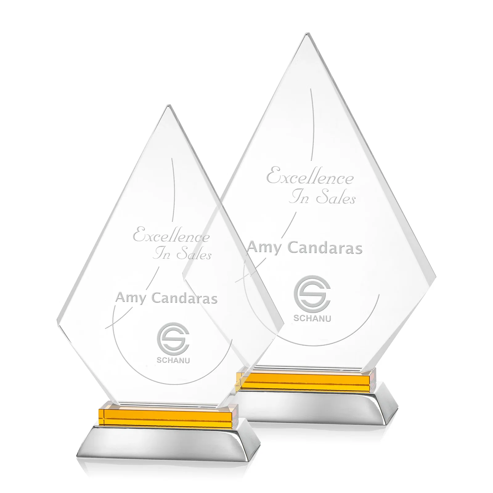 Custom Starfire Crystal and Aluminum Diamond Peak Award on Sapphire Base for sales achievement awards