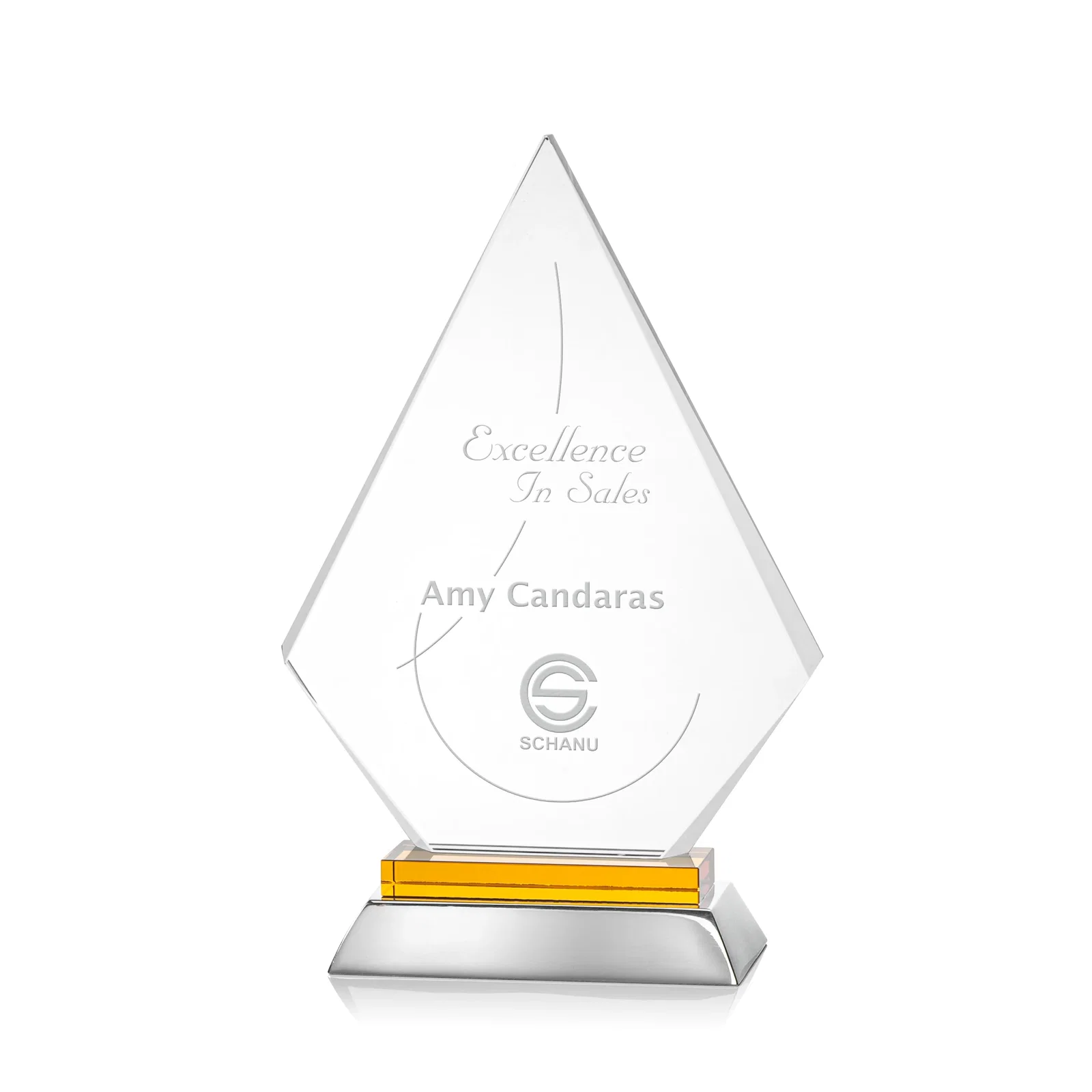 Custom Starfire Crystal and Aluminum Diamond Peak Award on Sapphire Base for retirement presentations