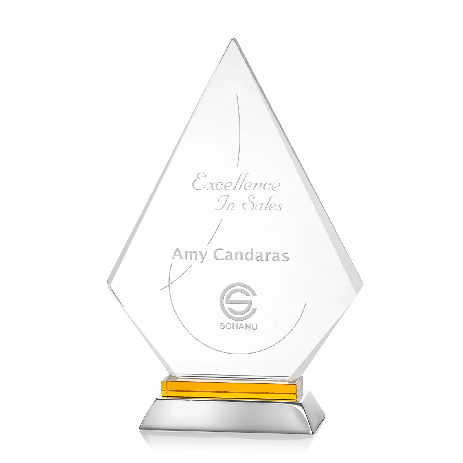 Custom Starfire Crystal and Aluminum Diamond Peak Award on Sapphire Base for team milestone celebrations