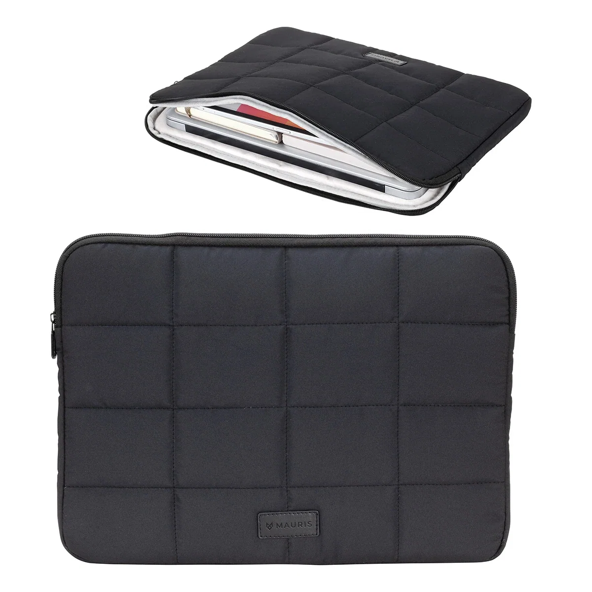 Custom Vallum Quilted Sleeve for 15-inch laptops, front view of the branded laptop sleeve