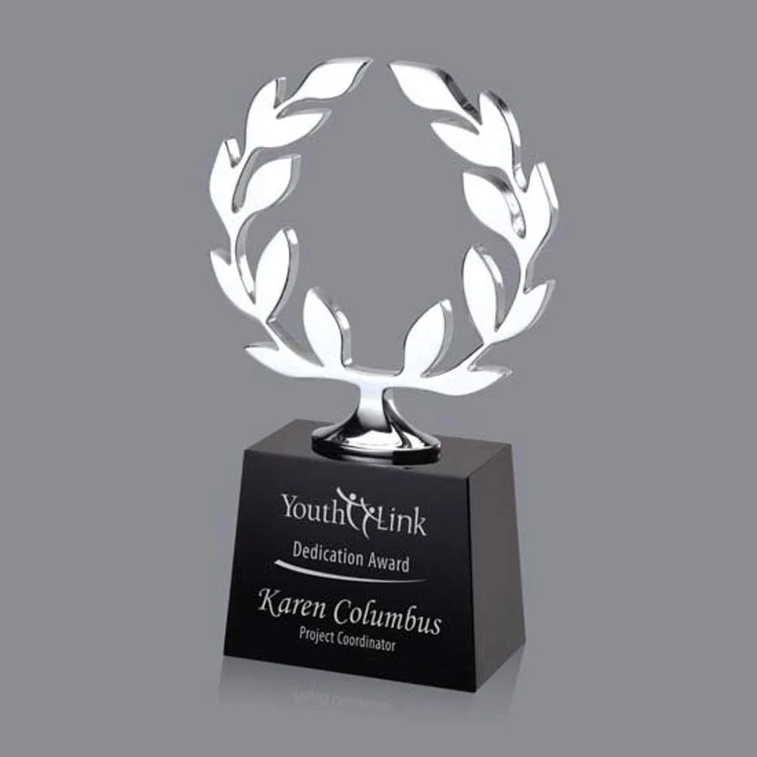 Custom Cast Metal Wreath Award on Black Optical Crystal Base, awards for employee recognition