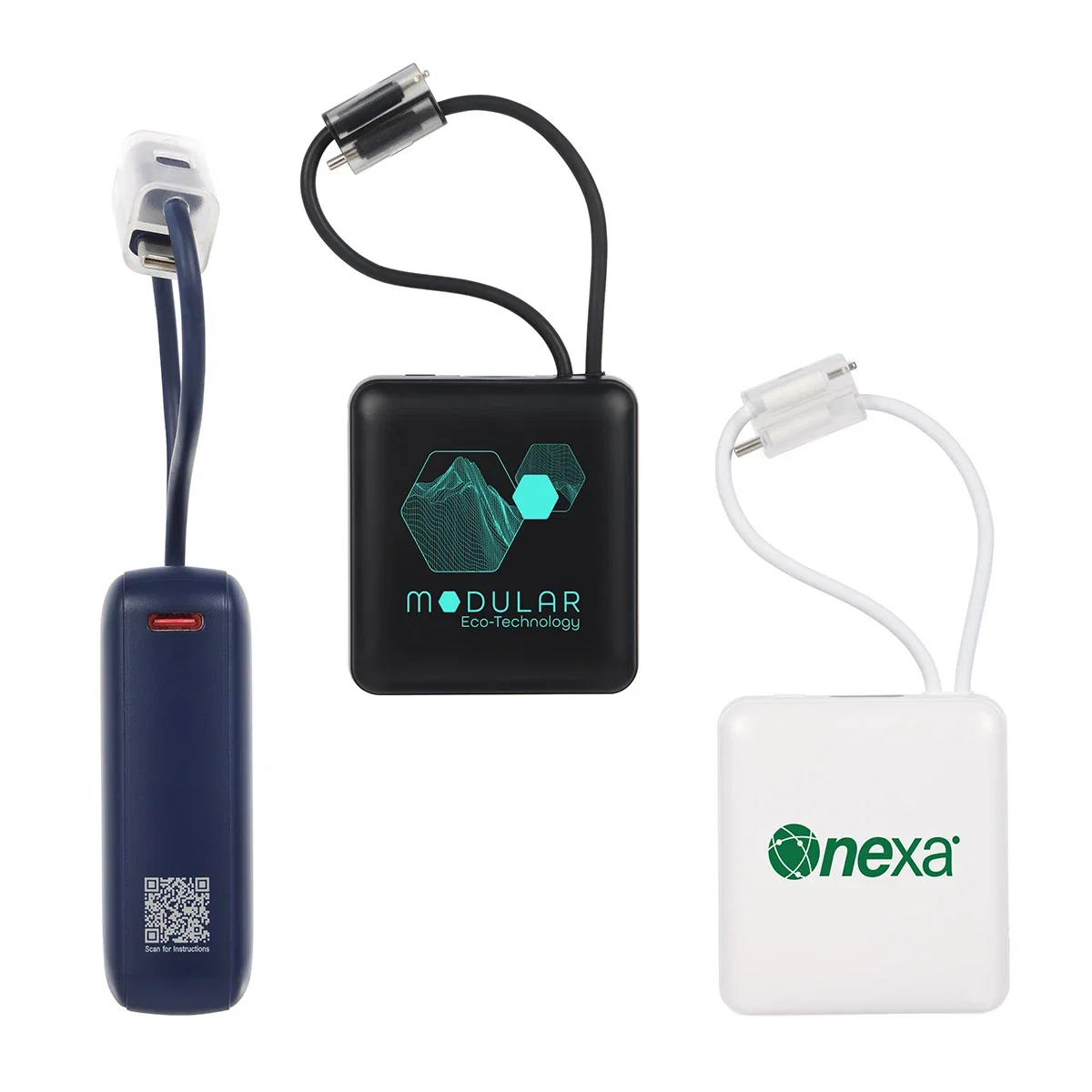 Custom Vanguard 10000mAh Power Bank, front view of the branded power bank with charging cable lanyard