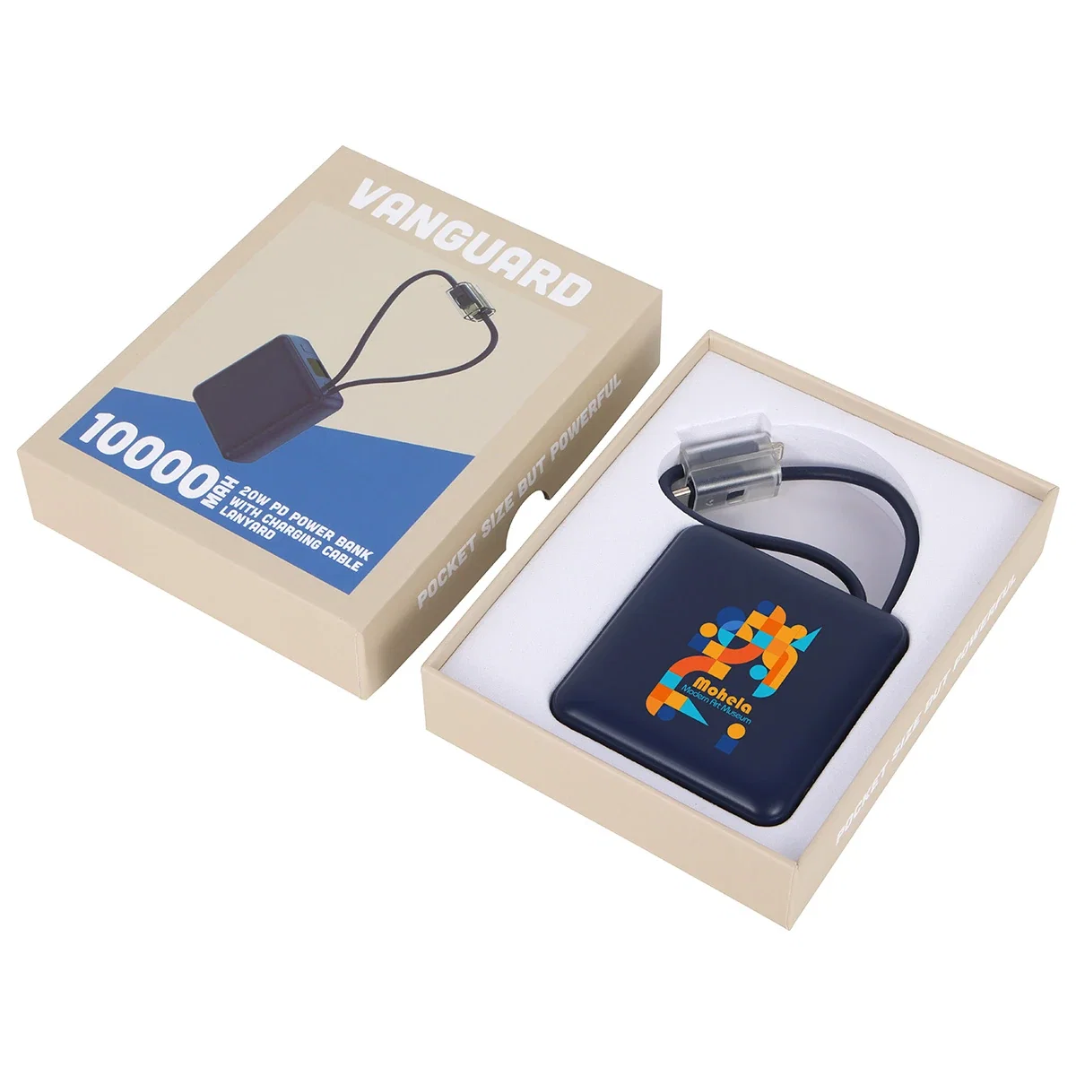 Close-up of the Vanguard 10000mAh Power Bank packaging artwork and branding